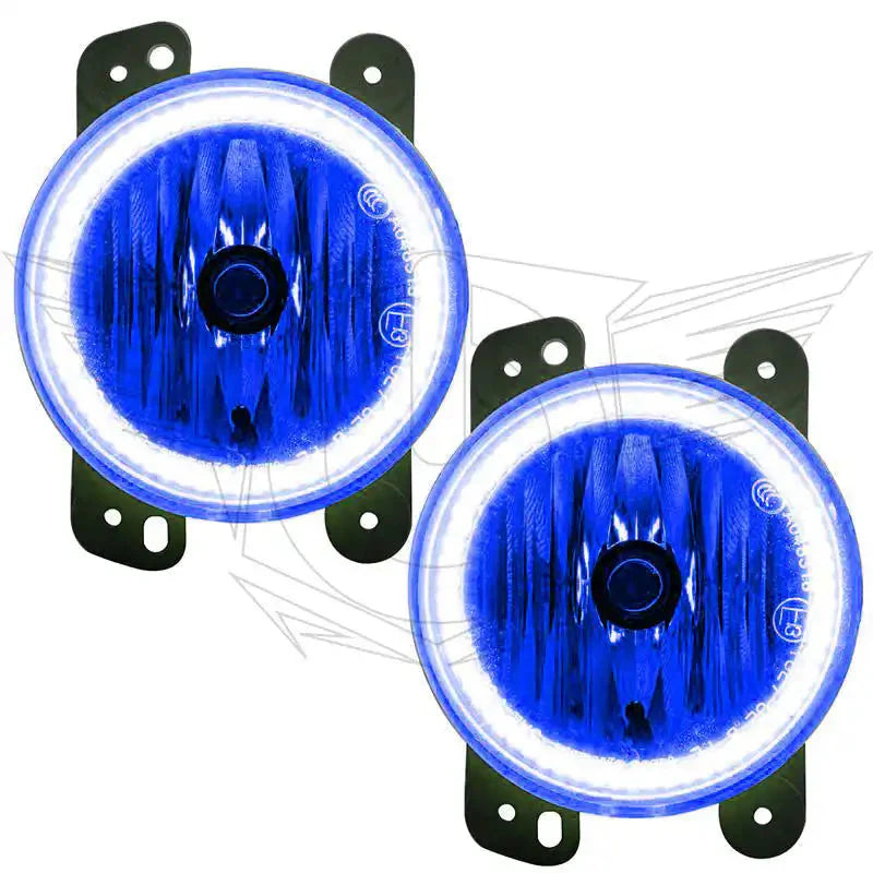 Pair of blue LED round fog lights with halo rings for off-road vehicles