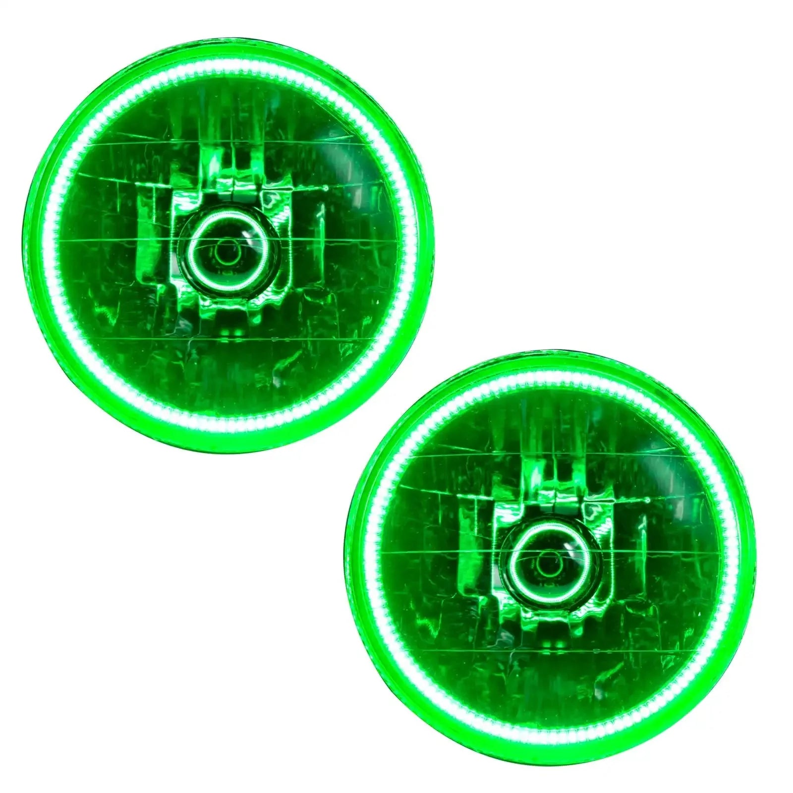 Pair of round green LED halo off-road headlights for trucks and SUVs