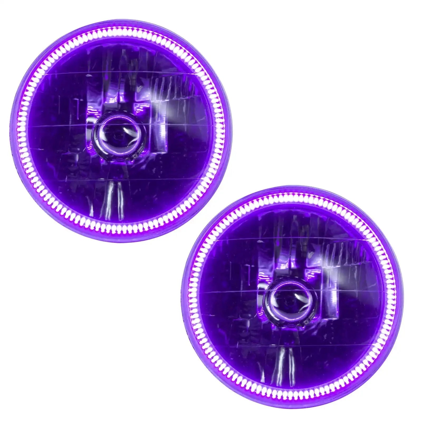 Pair of round LED halo headlights with vibrant purple accent lighting for off-road vehicles