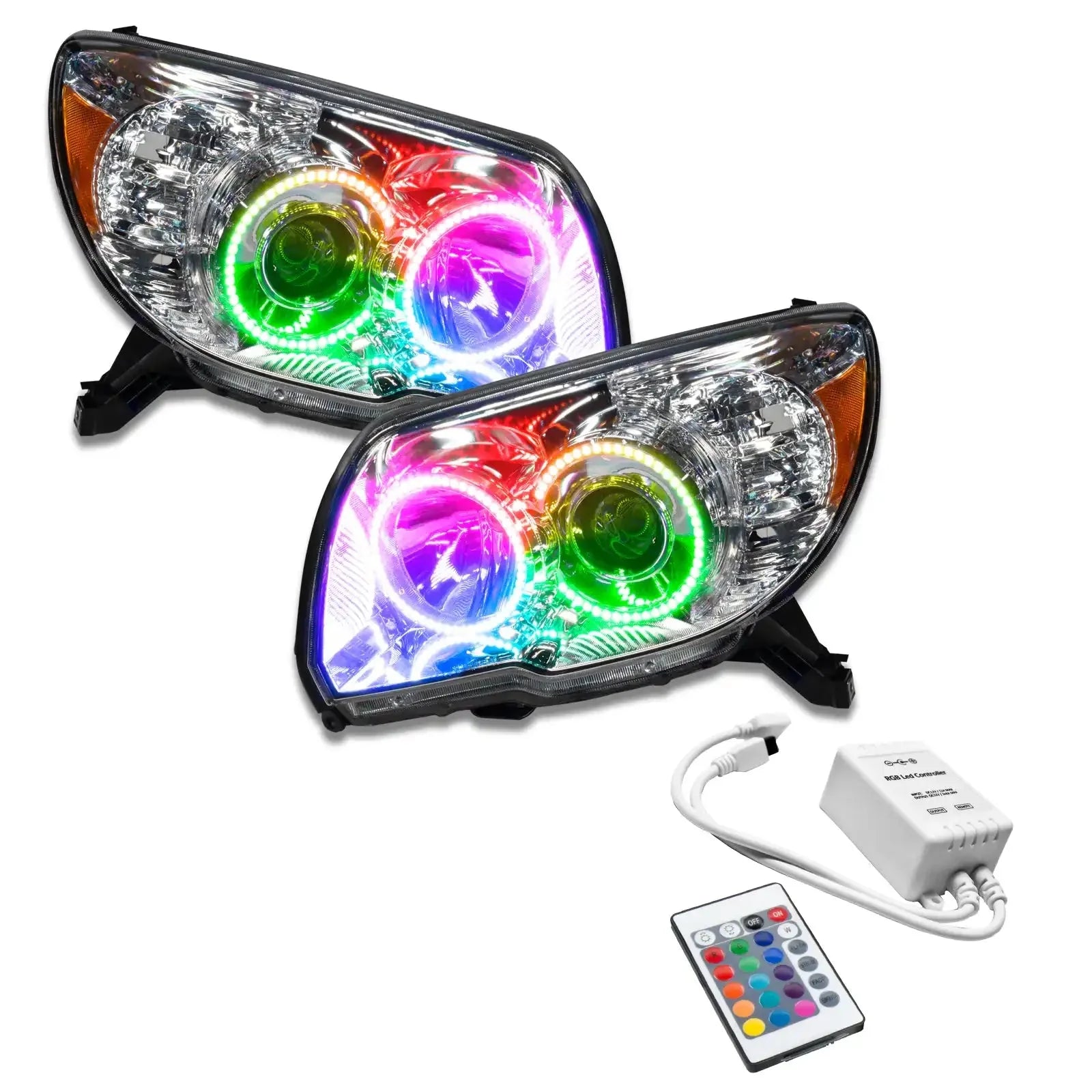 Pair of multicolor LED halo projector headlights for trucks with remote control kit