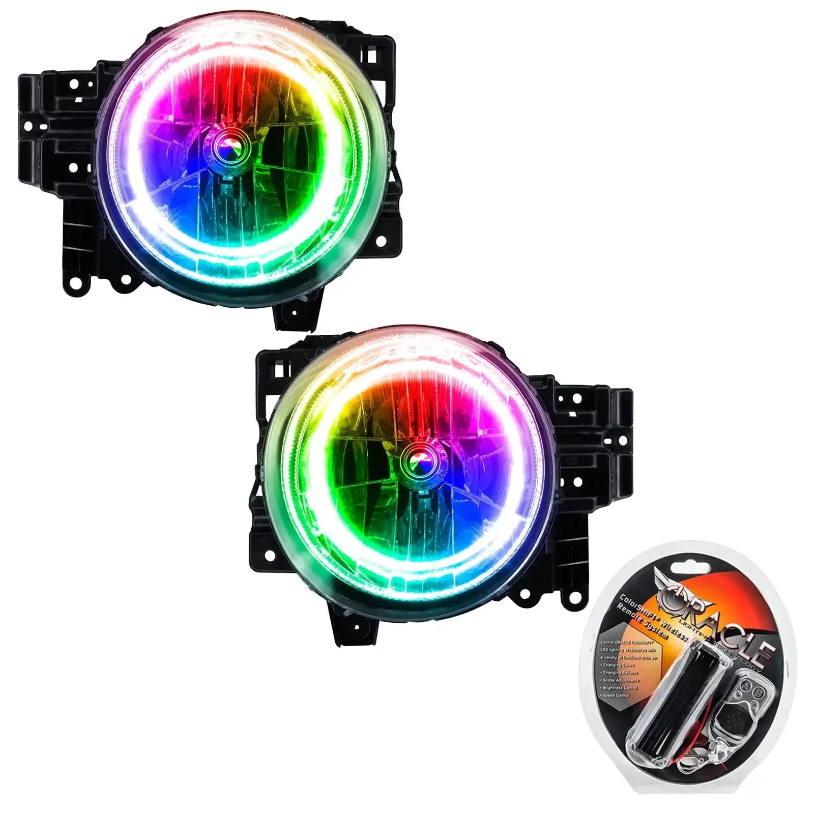 Pair of round LED color-changing halo fog lights with mounting brackets and remote control kit