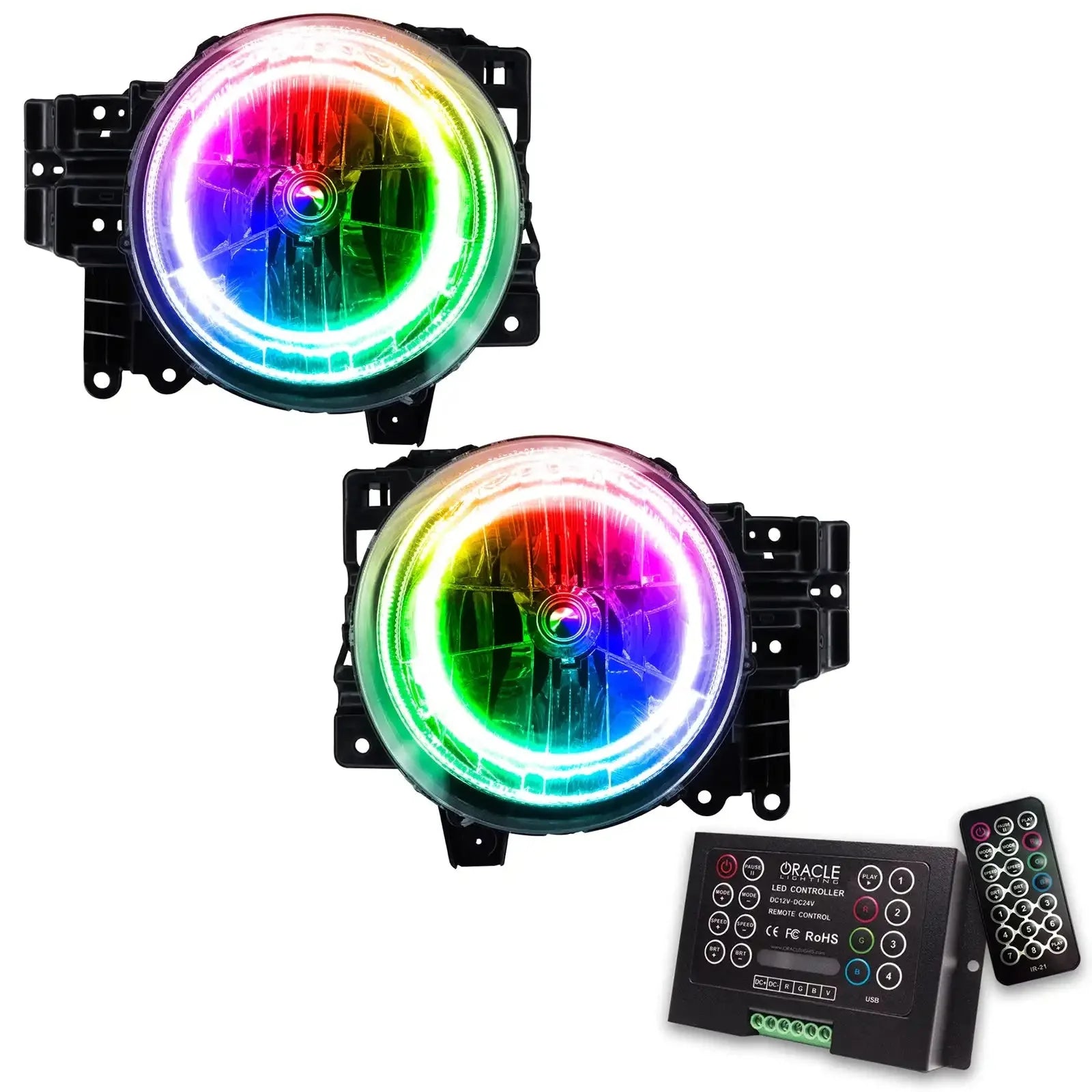 Pair of multicolor LED halo fog lights with controller and remote for off-road vehicles
