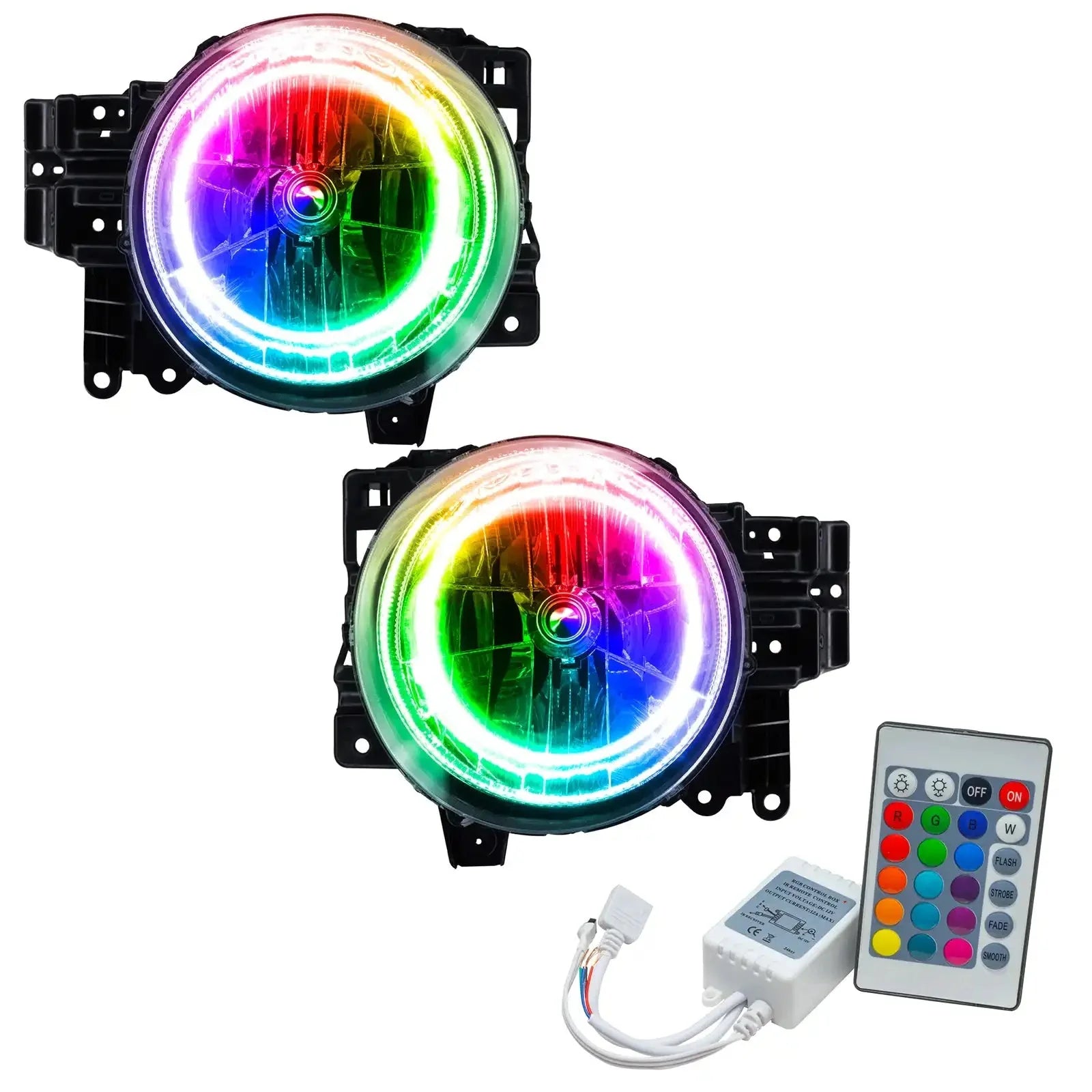 Pair of multi-color LED halo headlights with remote control for off-road vehicles