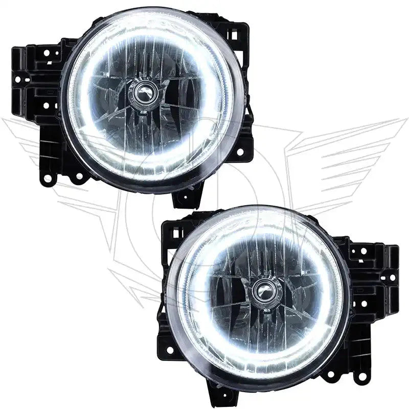 Pair of round LED halo headlights for off-road vehicles, with clear lens and black housing.
