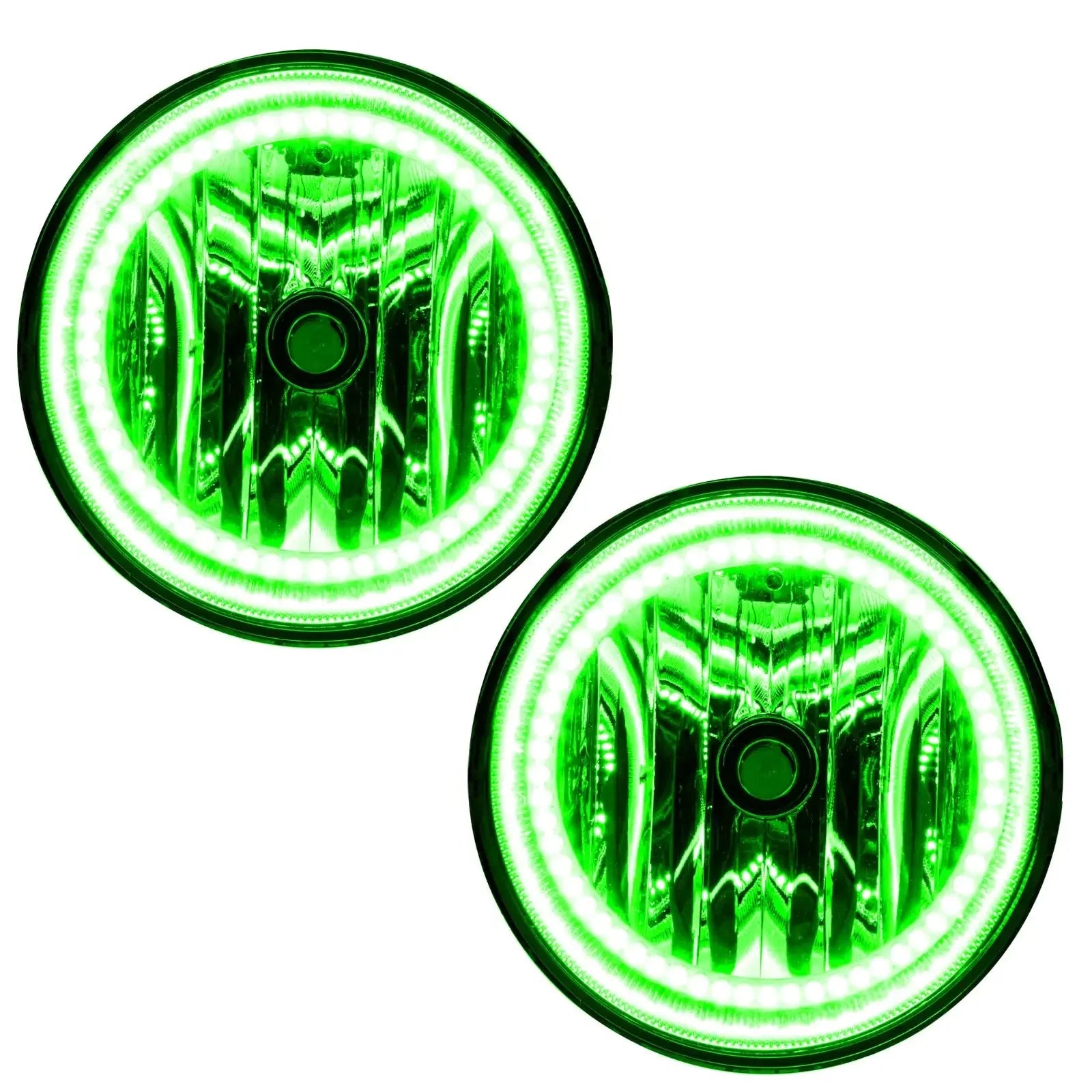 Pair of round LED halo headlights with bright green light for off-road vehicles
