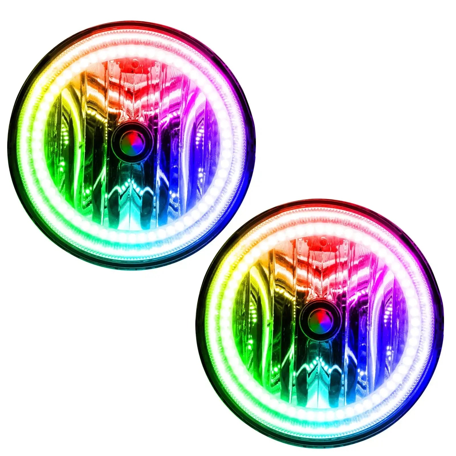Pair of round RGB halo LED headlights with multicolor rings for off-road vehicles