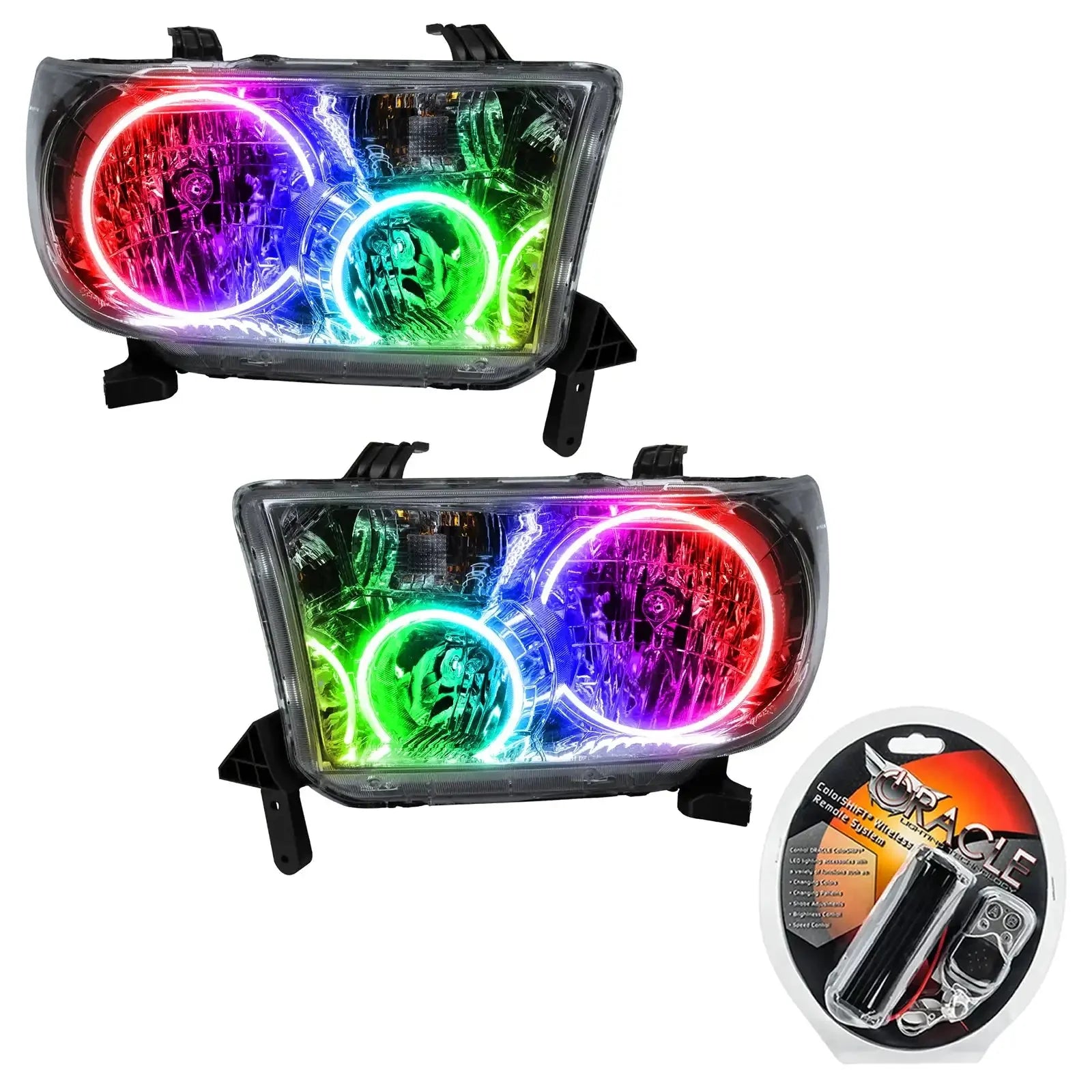 Pair of multicolor LED halo headlights with remote control kit for Toyota vehicle upgrade