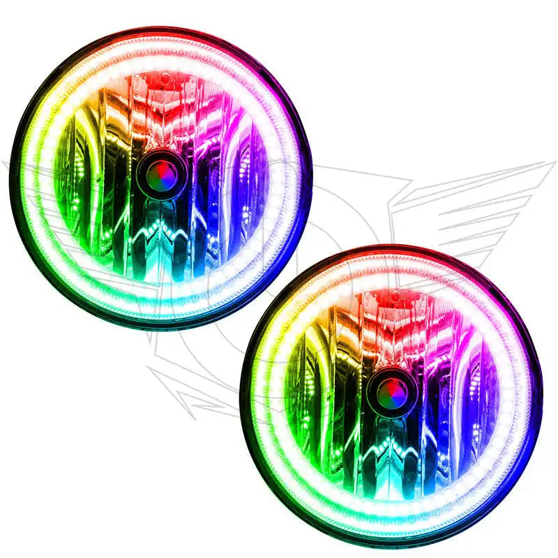 Pair of round RGB LED halo headlights with colorful light rings for off-road vehicles