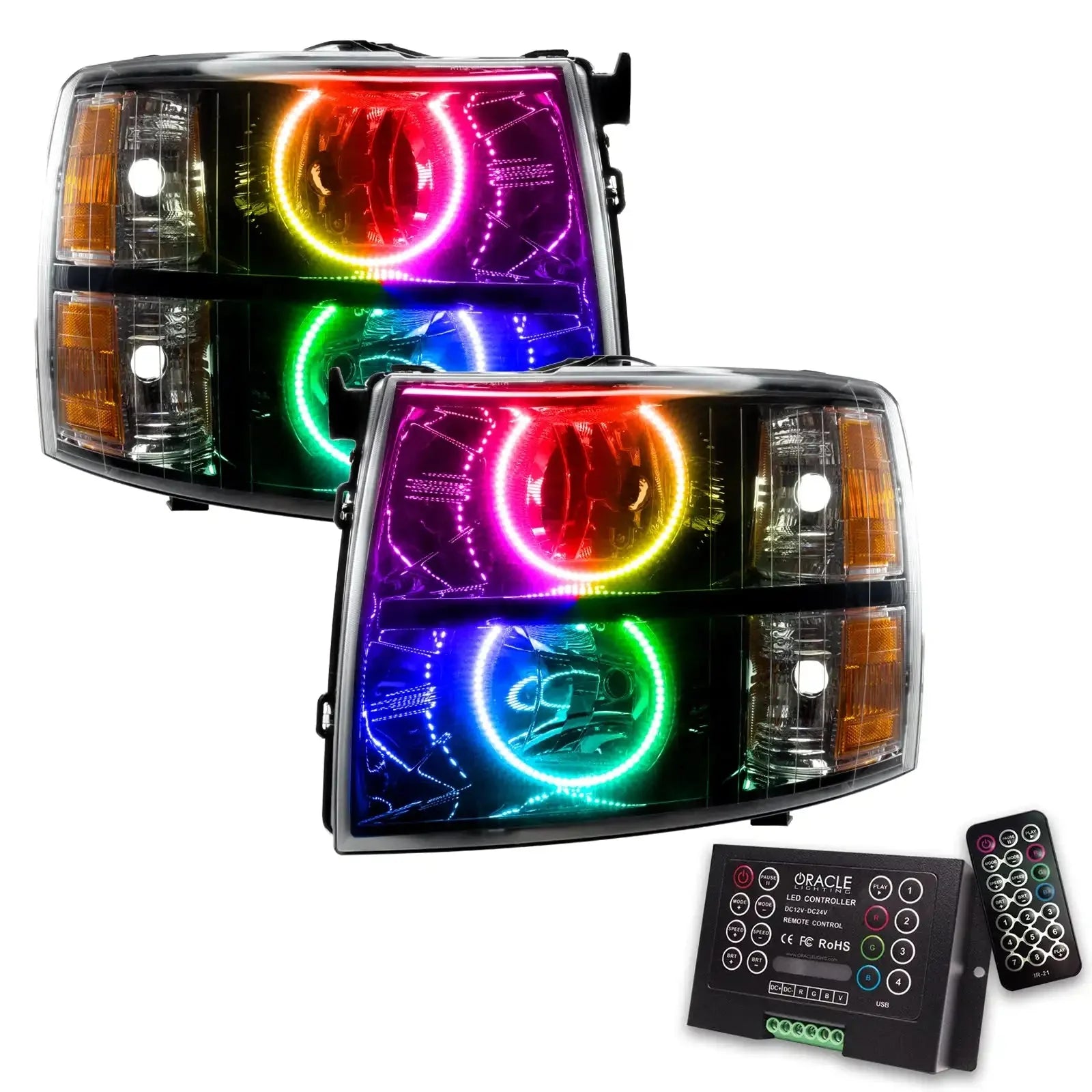 Color-changing LED halo headlights with remote control for off-road vehicles