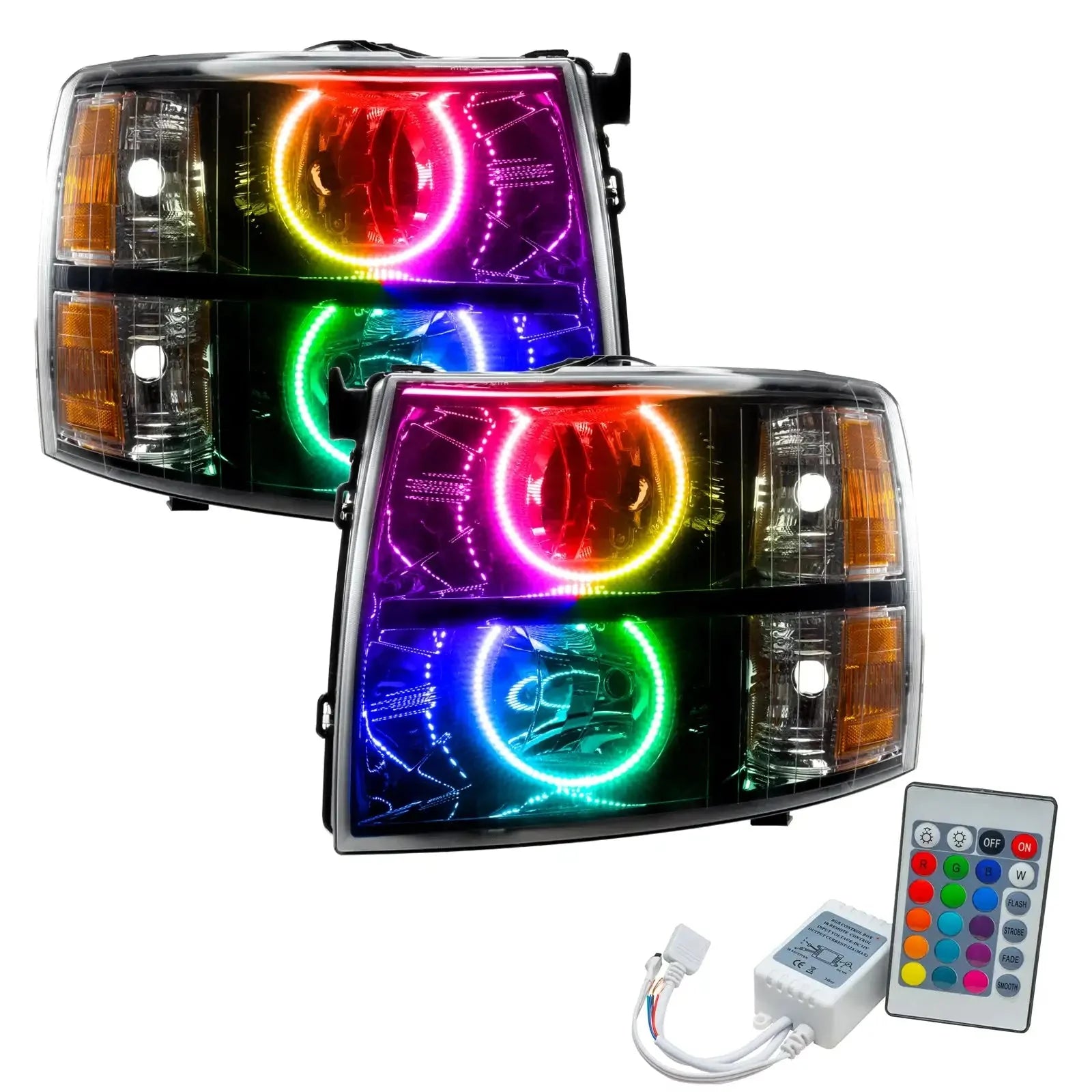 Pair of LED RGB halo projector headlights with remote control for trucks and SUVs