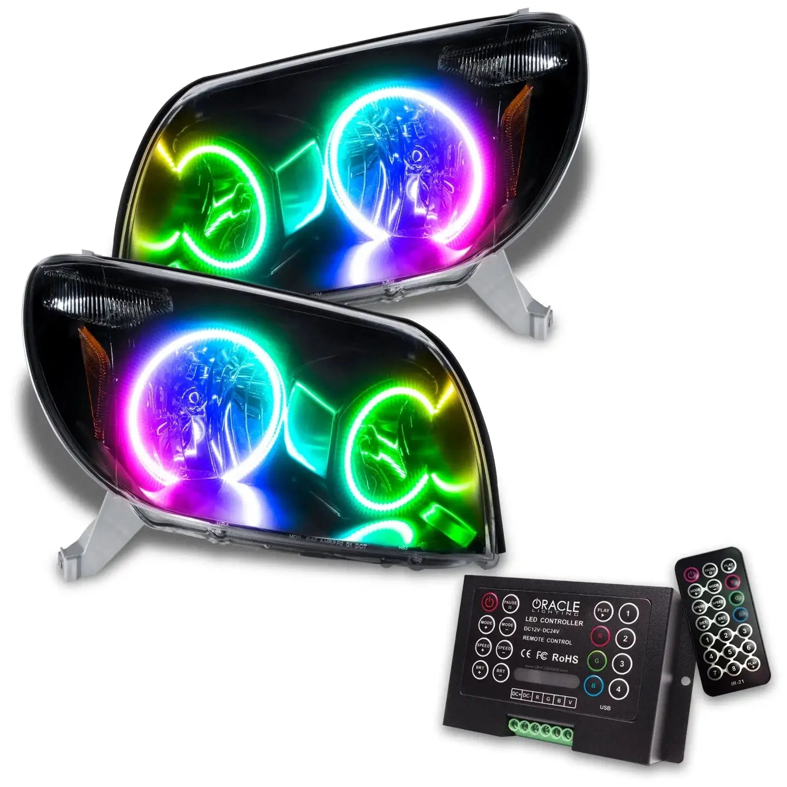 Pair of multicolor RGB LED halo headlights with remote control kit for vehicles