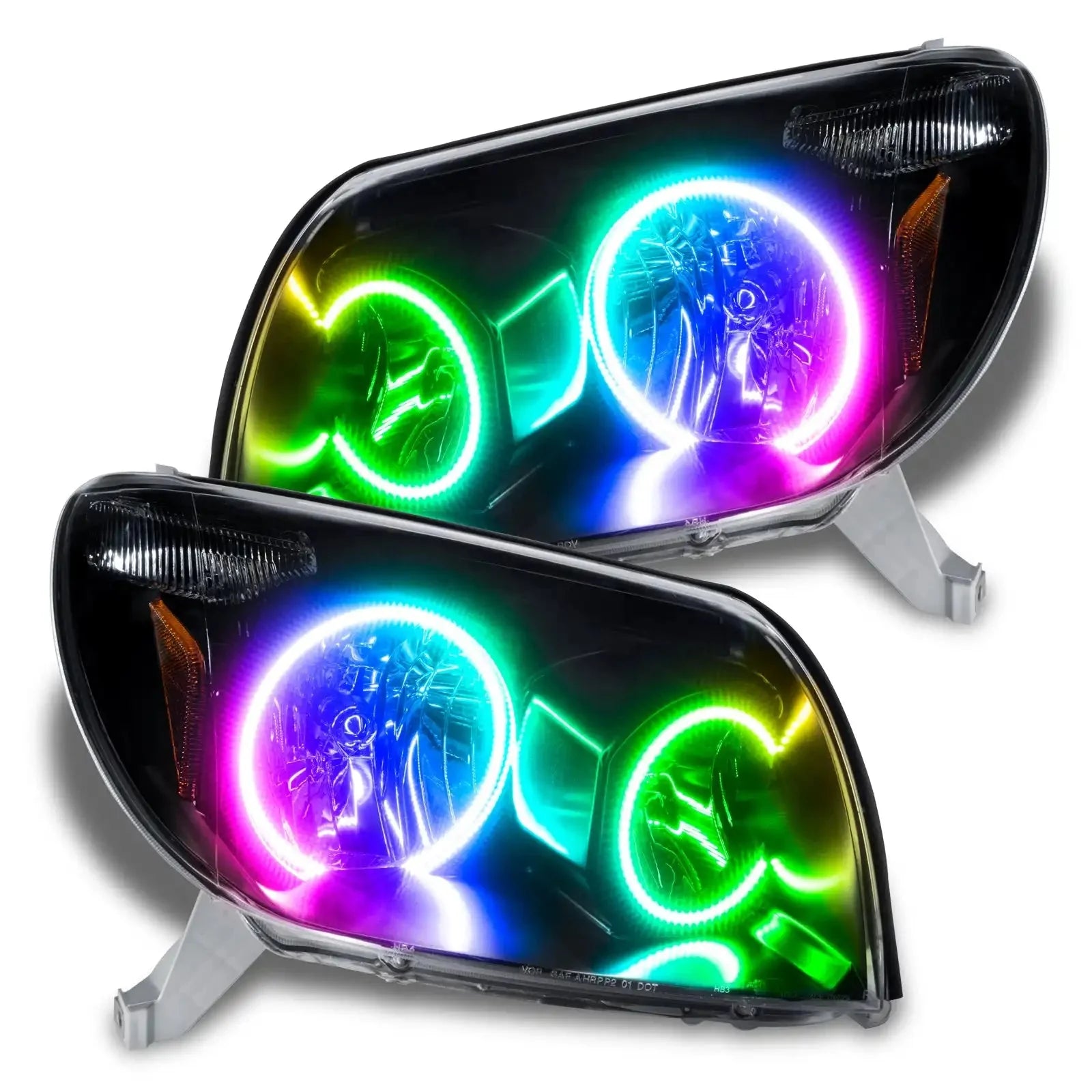 Pair of custom LED projector headlights with RGB halo rings for off-road vehicles