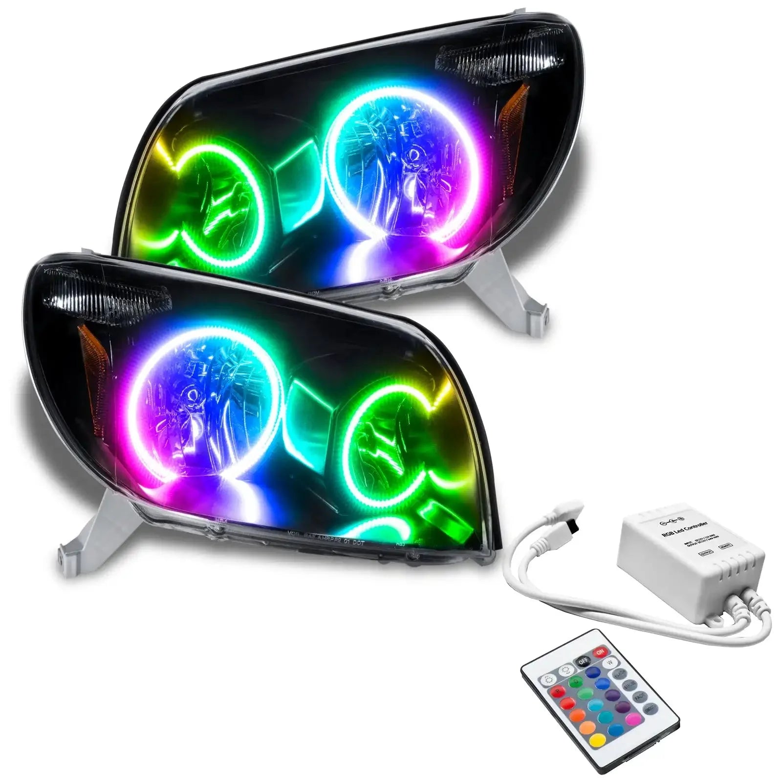 Pair of RGB LED projector headlights with remote control for Toyota vehicles