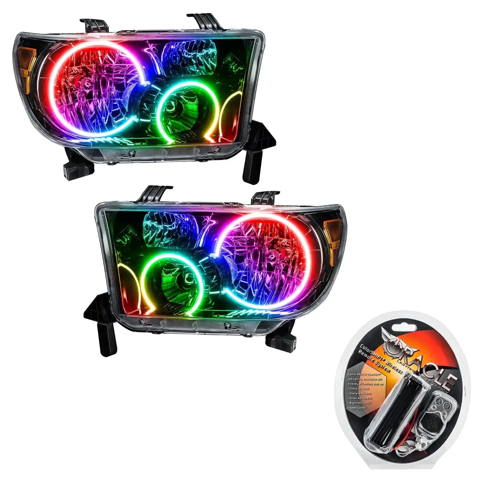 Pair of LED halo projector headlights with multicolor RGB rings for Toyota Tacoma, remote included