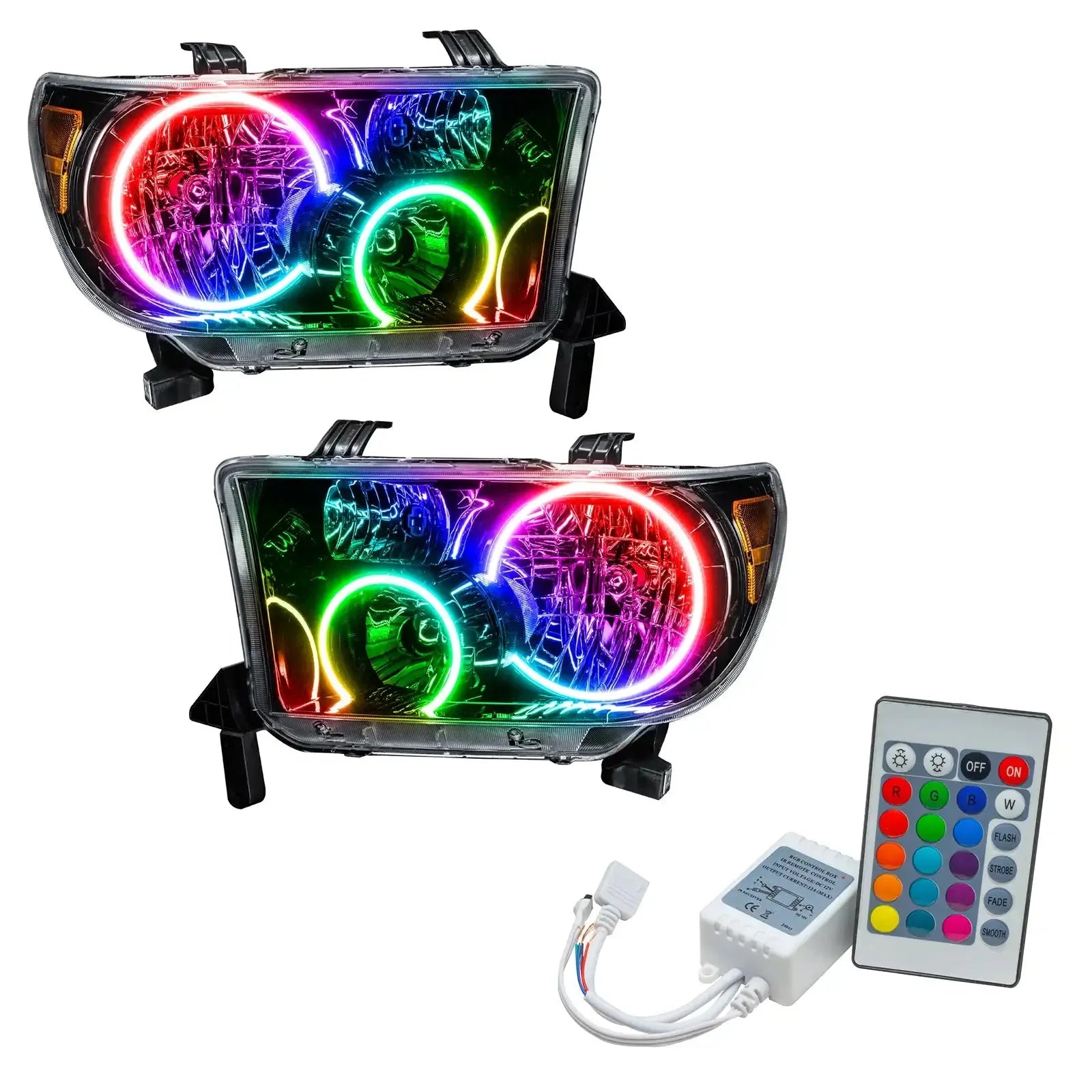 Pair of RGB LED halo headlights with multicolor rings and remote for Toyota Tacoma