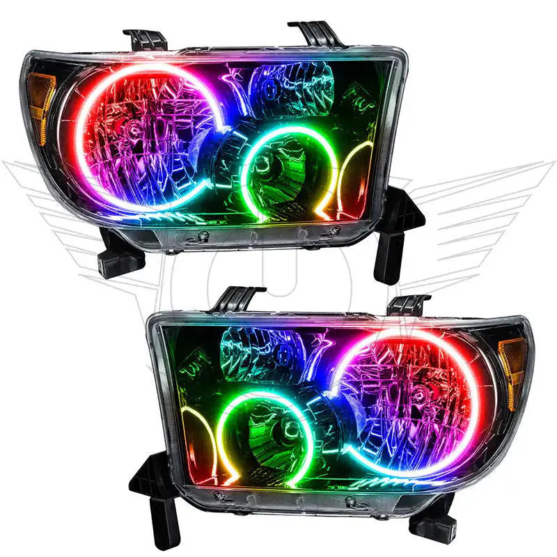 Pair of custom RGB halo LED headlights for Toyota Tacoma, colorful overland lighting