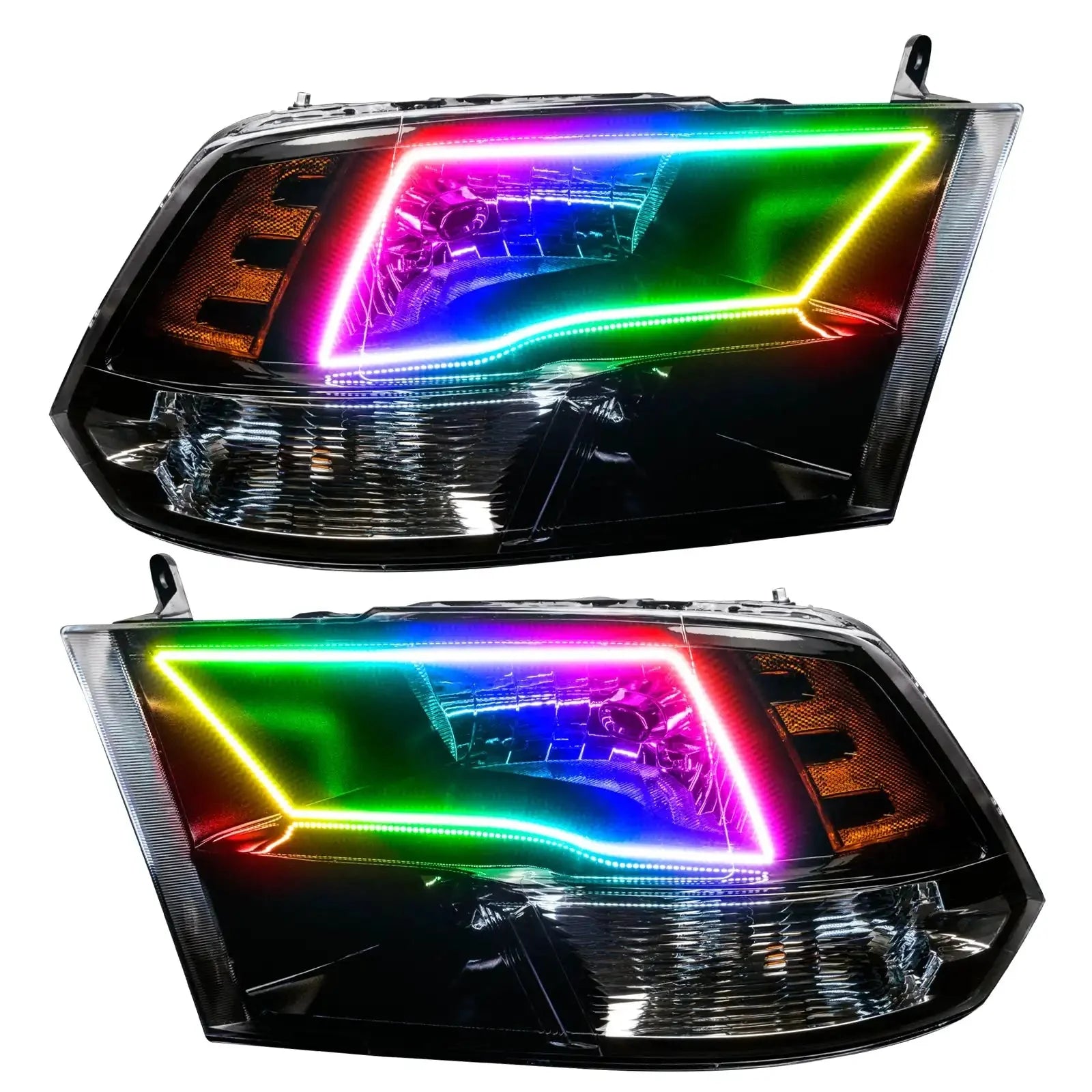 Pair of aftermarket LED headlights with multicolor RGB halo for Toyota or Jeep vehicles