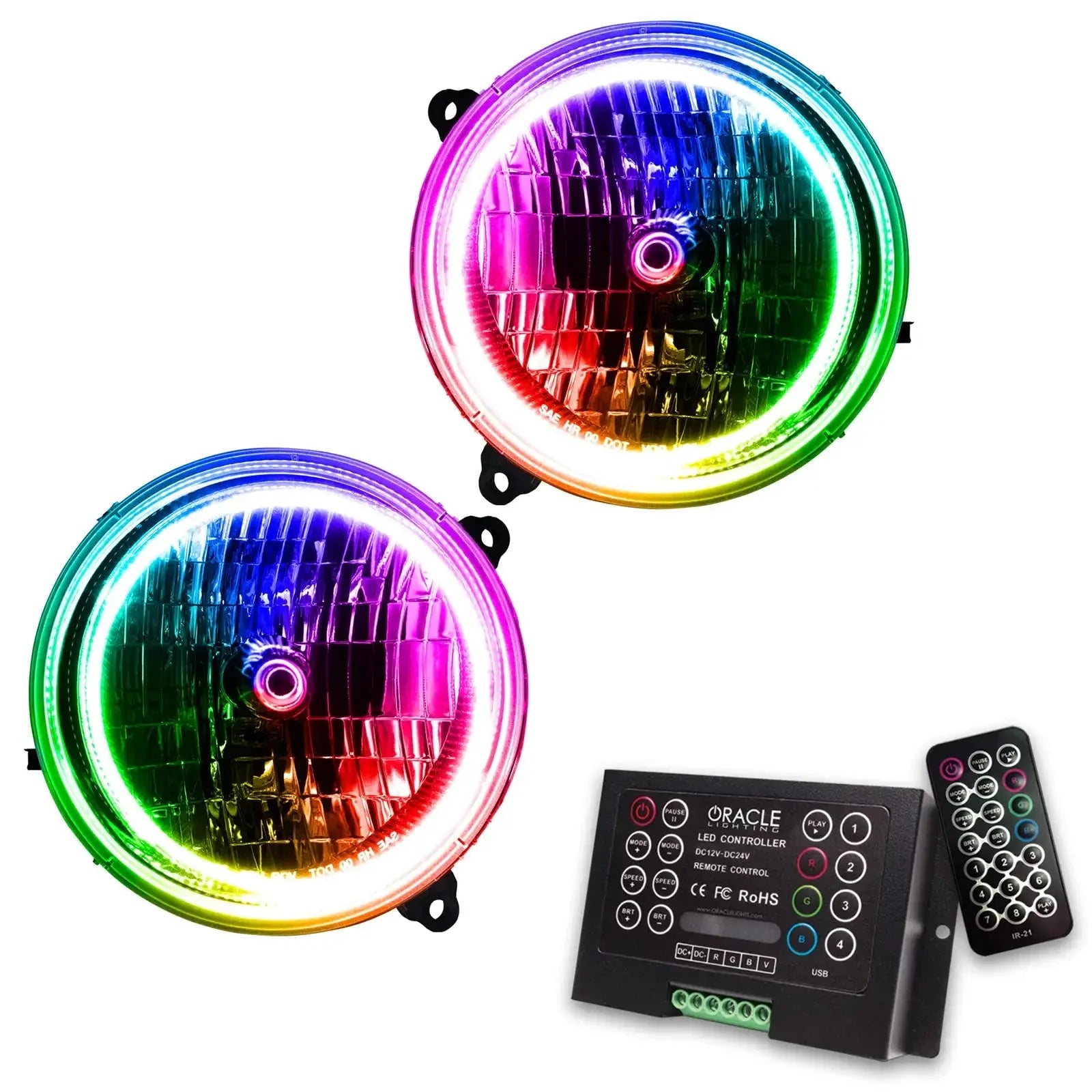 Pair of round RGB LED headlights with halo rings, controller, and remote for off-road vehicles
