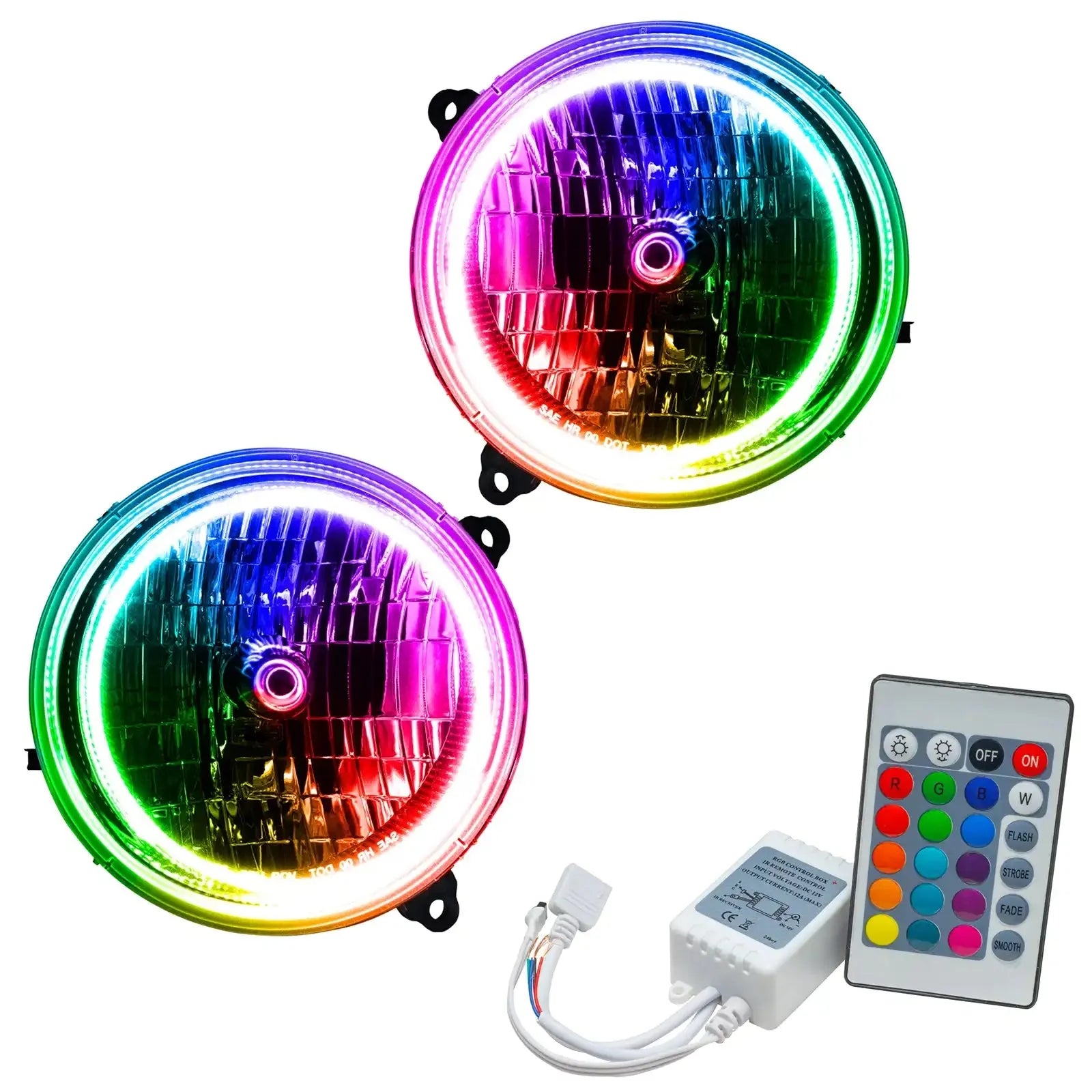 Pair of round LED RGB halo headlights with remote control for off-road vehicles