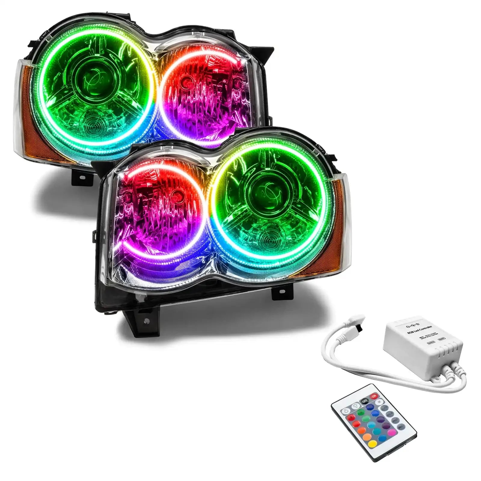 Pair of multi-color LED halo headlights with wireless remote control for off-road vehicles