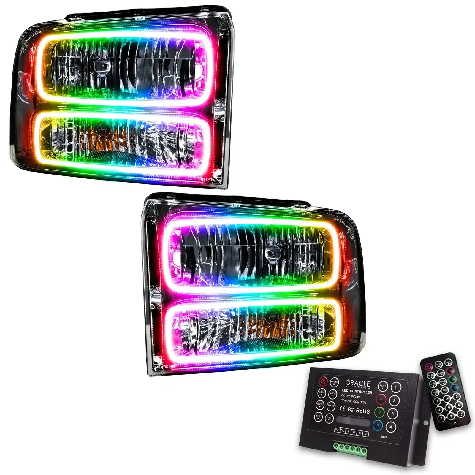 Pair of LED RGB halo headlights with remote control for trucks or off-road vehicles