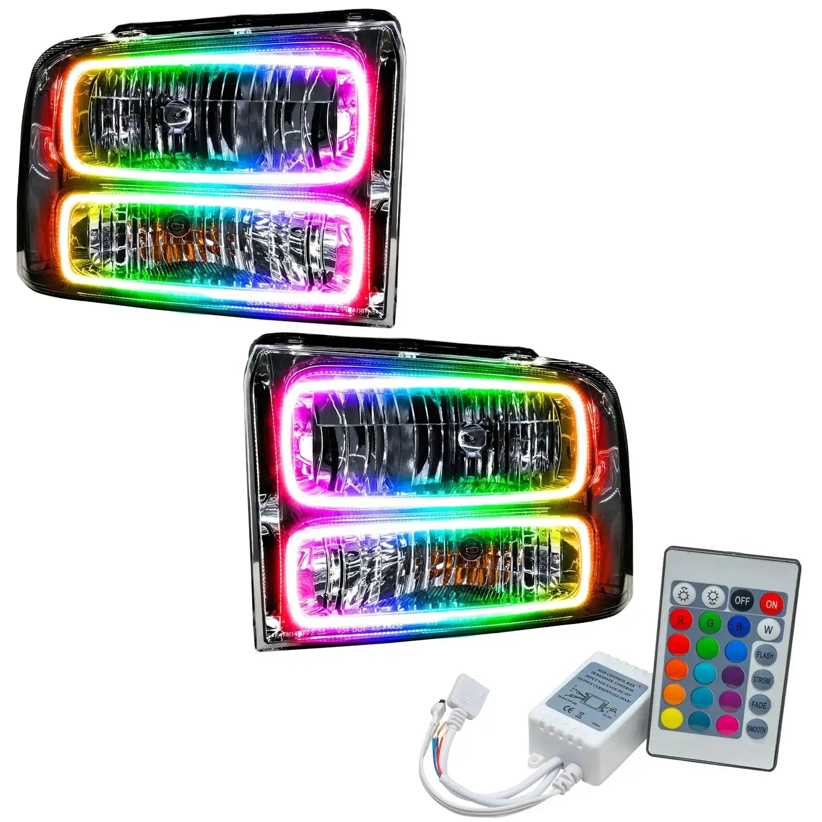 Pair of LED RGB halo headlights with remote control for off-road vehicles