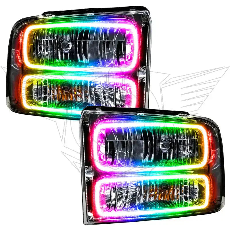Pair of aftermarket LED headlights with multicolor RGB halo rings for off-road vehicles
