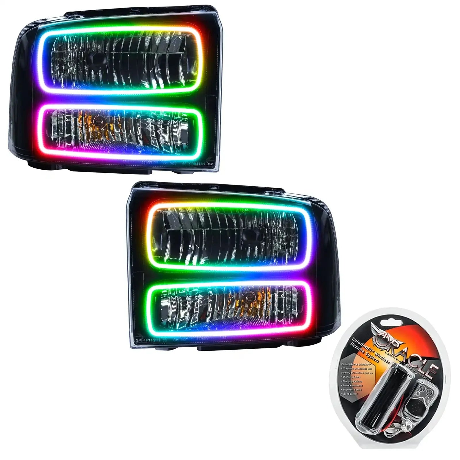 Pair of LED RGB halo headlights with multicolor accents and remote for off-road vehicles