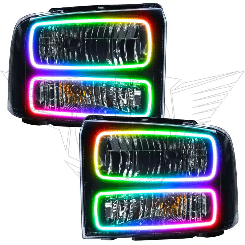 Pair of LED projector headlights with multicolor halo accents for trucks or off-road vehicles