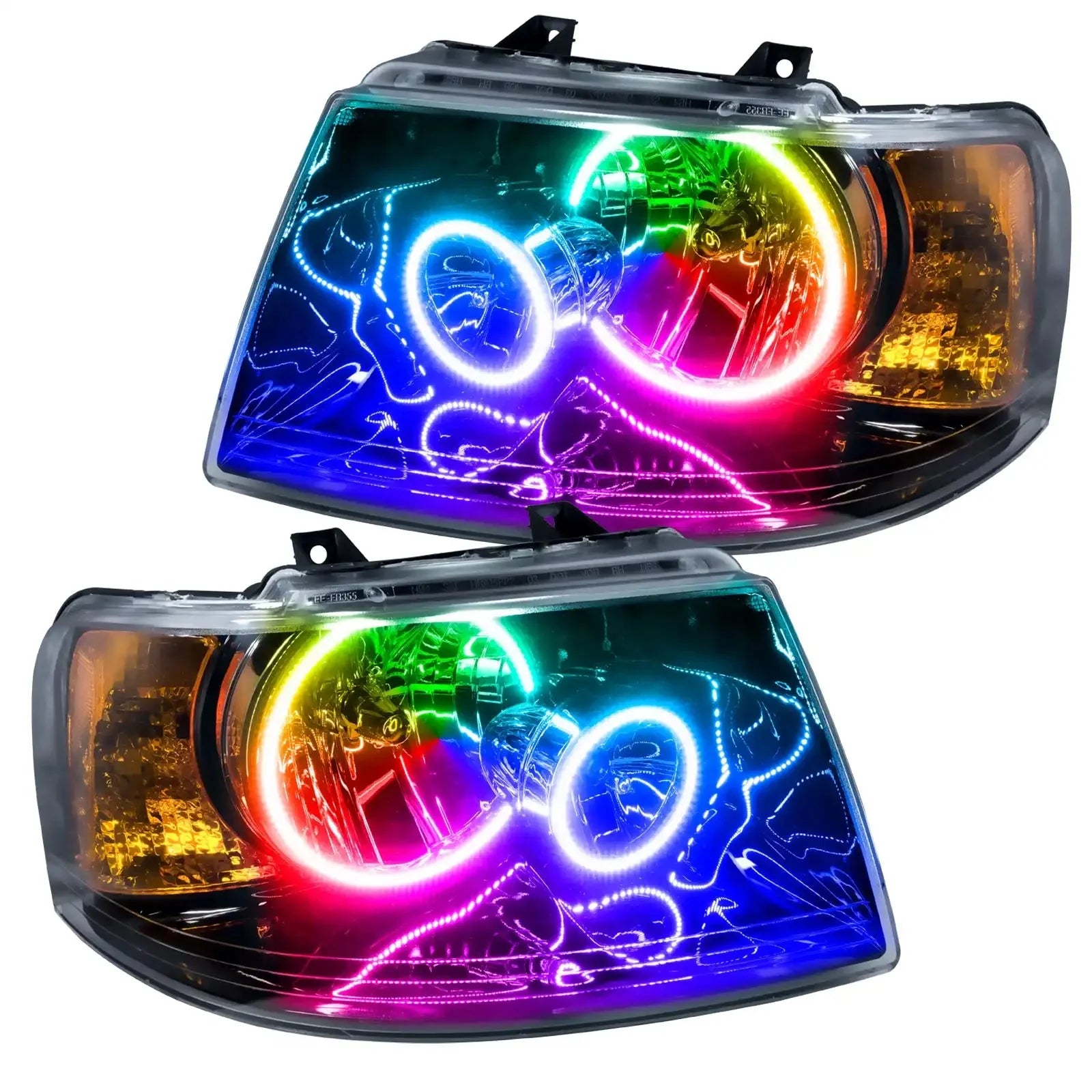 2003-2006 Ford Expedition Pre-Assembled Halo Headlights - Black Housing with ColorSHIFT LED halo rings.
