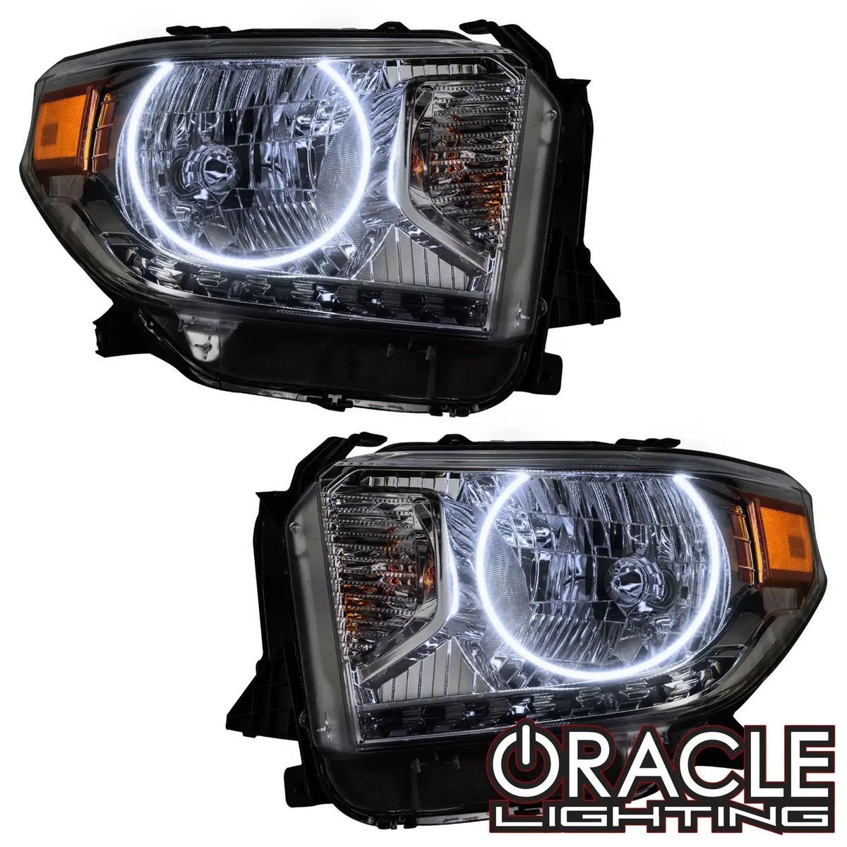 Pair of ORACLE pre-assembled halo headlights for a 2014-2017 Toyota Tundra with white LED halo rings and amber corners