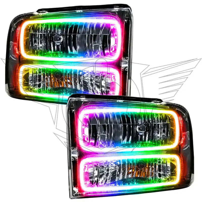 Pair of LED RGB halo headlights for trucks, featuring colorful lighting accents
