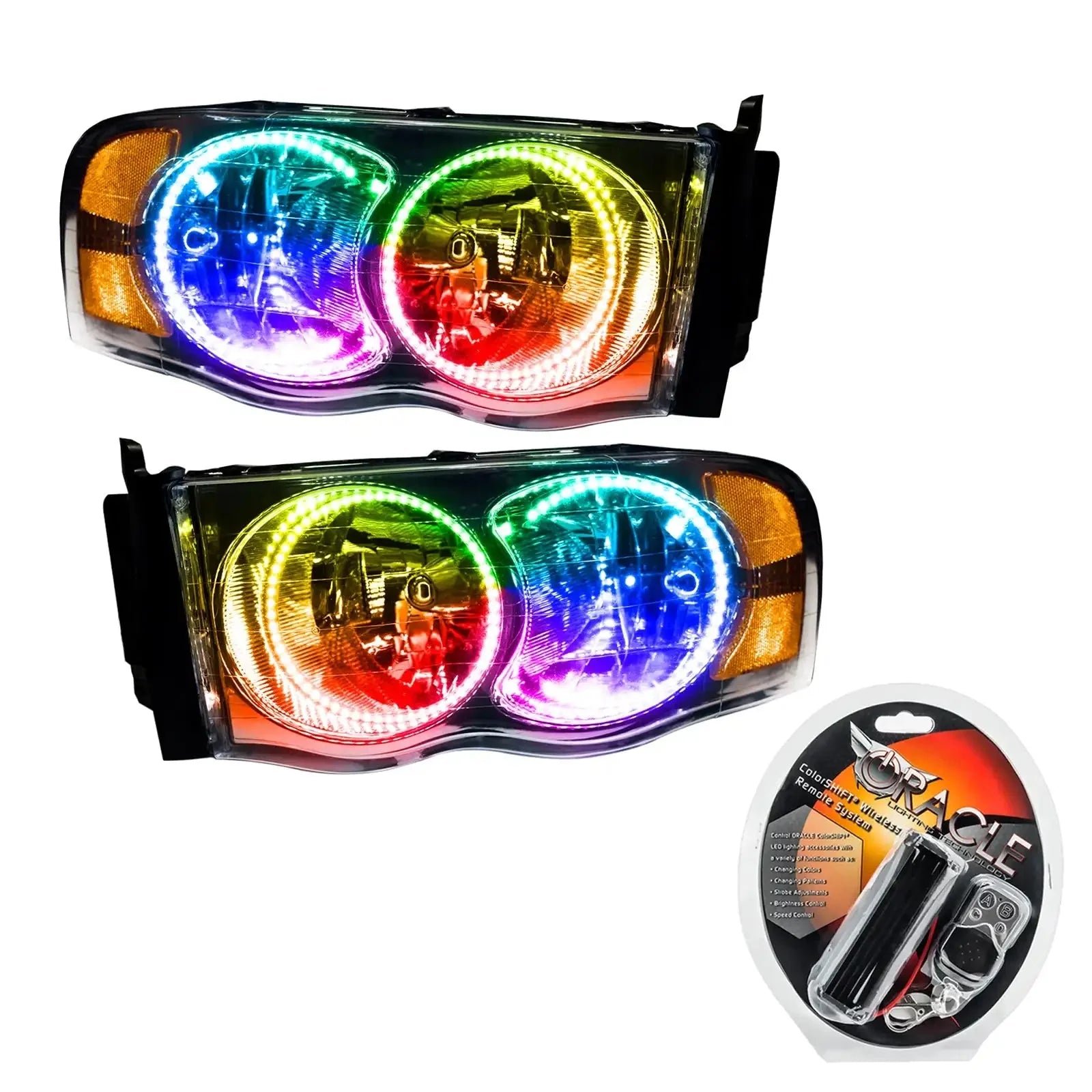 Pair of LED halo headlights with RGB color changing feature and remote control kit