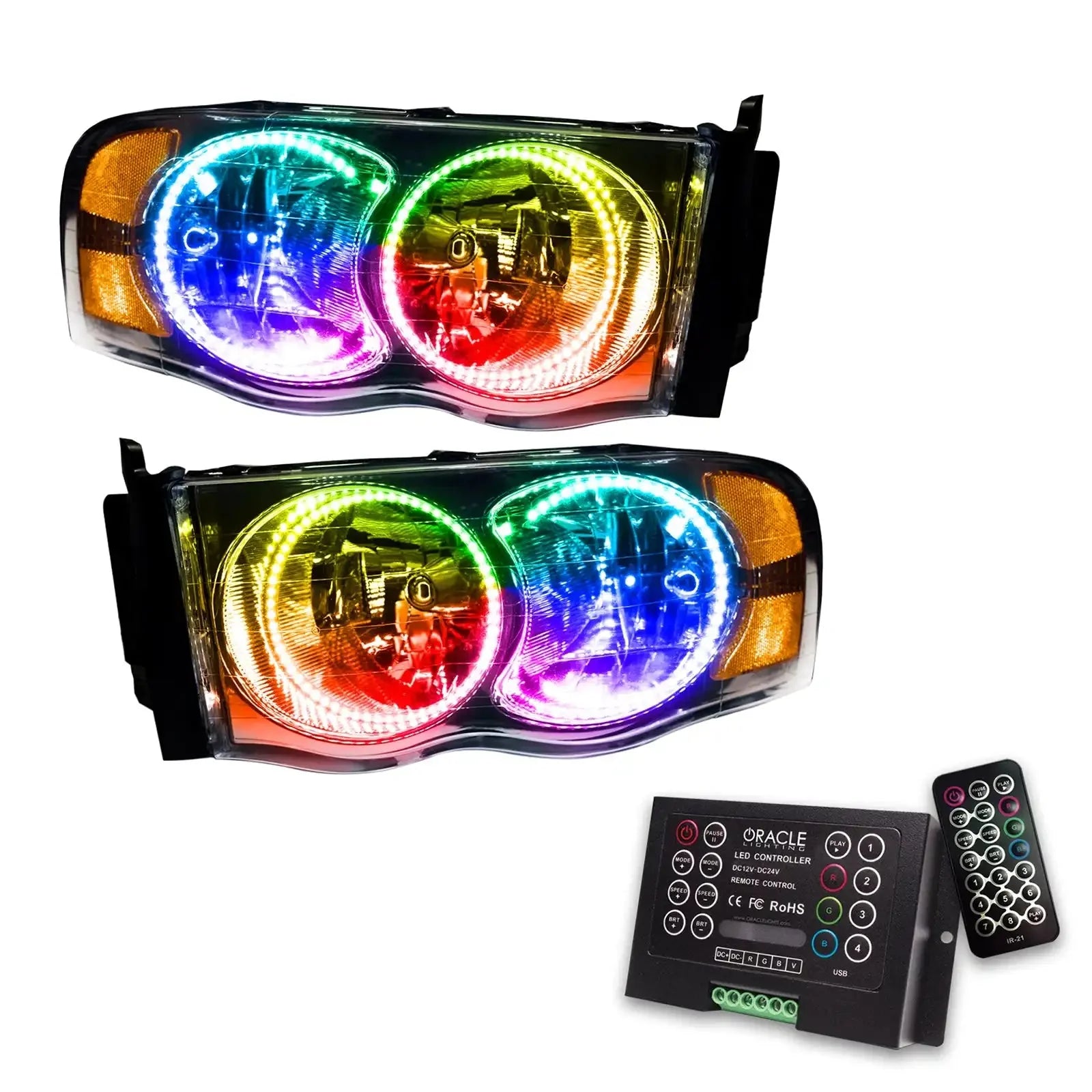 Pair of RGB LED projector headlights with remote and control box for trucks or SUVs