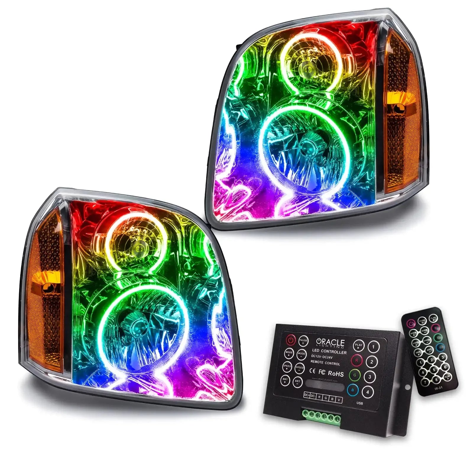 Pair of multicolor LED halo projector headlights with controller for Toyota overland vehicles
