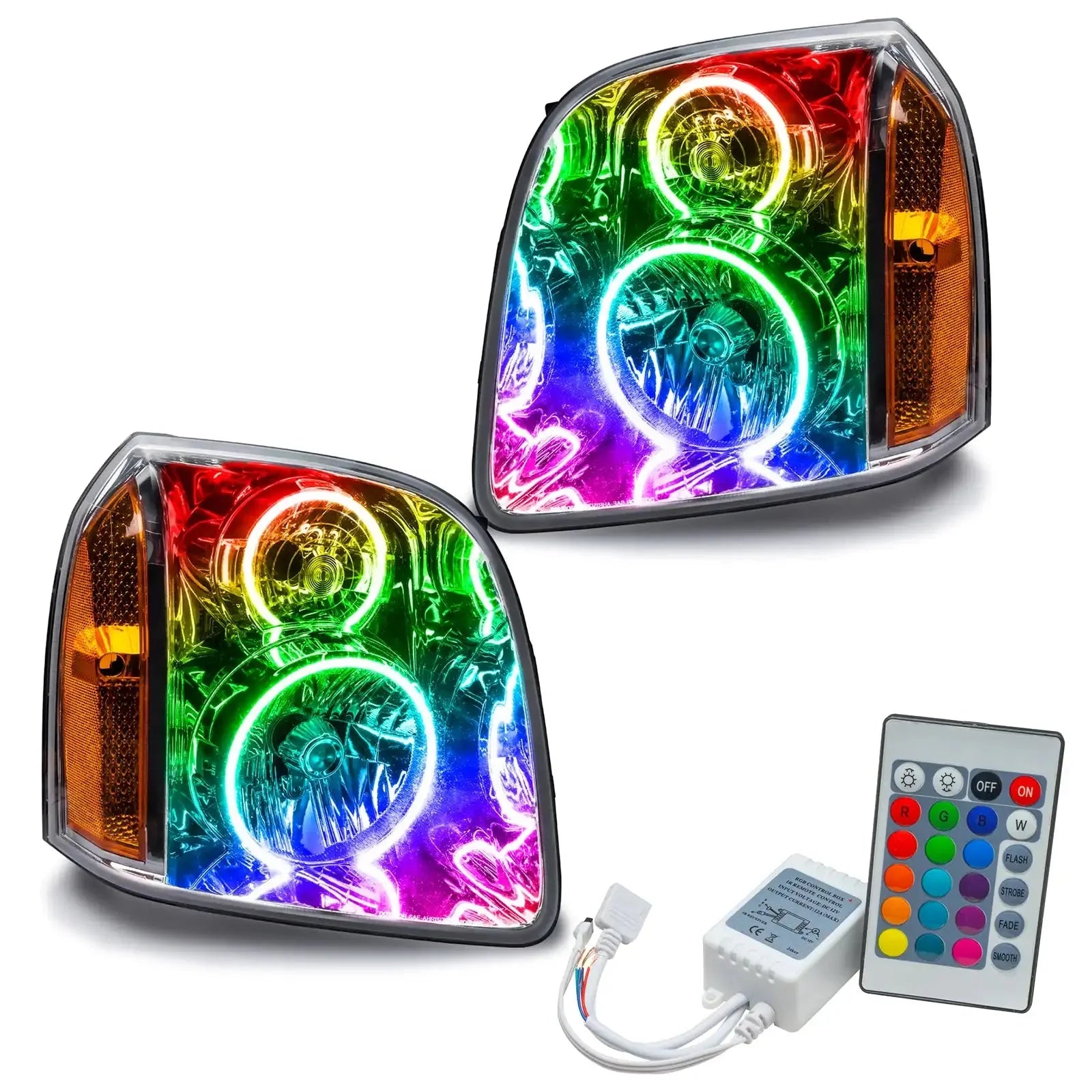 Pair of multicolor LED halo headlights for trucks or SUVs with remote control