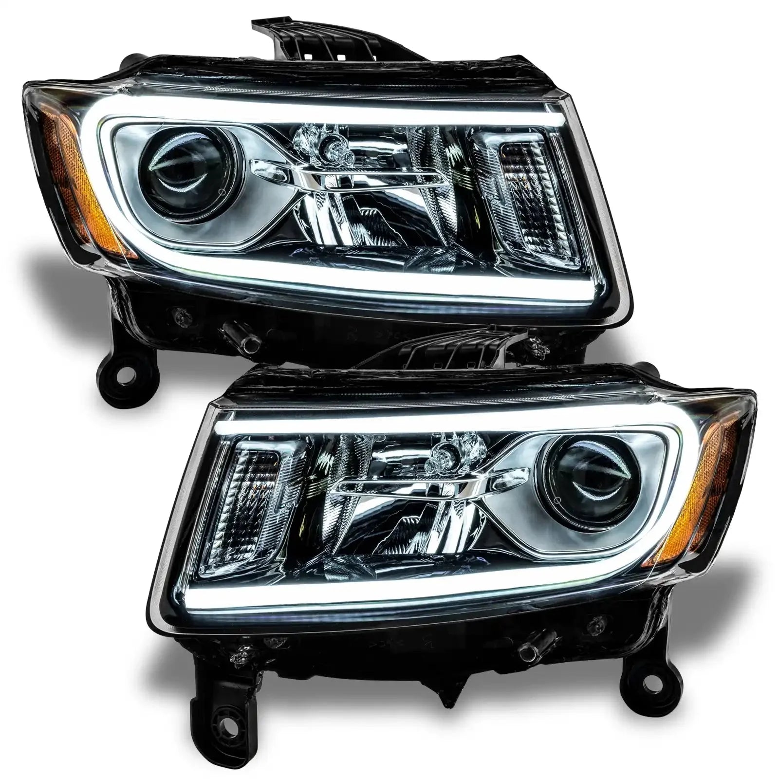 Pair of LED projector headlights for Toyota Tacoma, clear lens with amber side marker.
