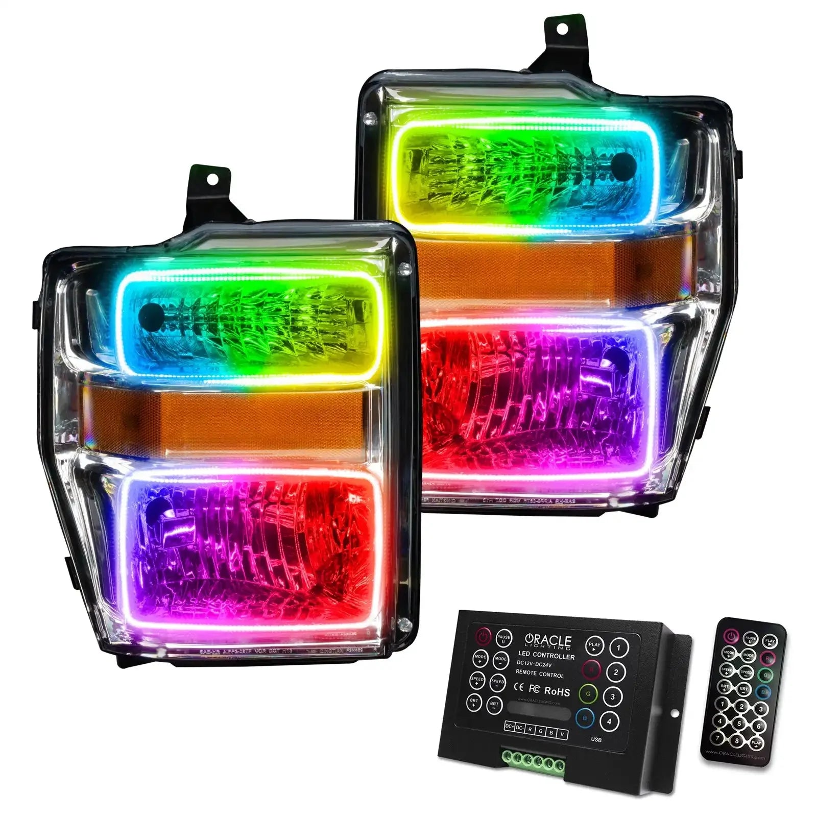 Pair of multicolor LED halo headlights with controller and remote for vehicles