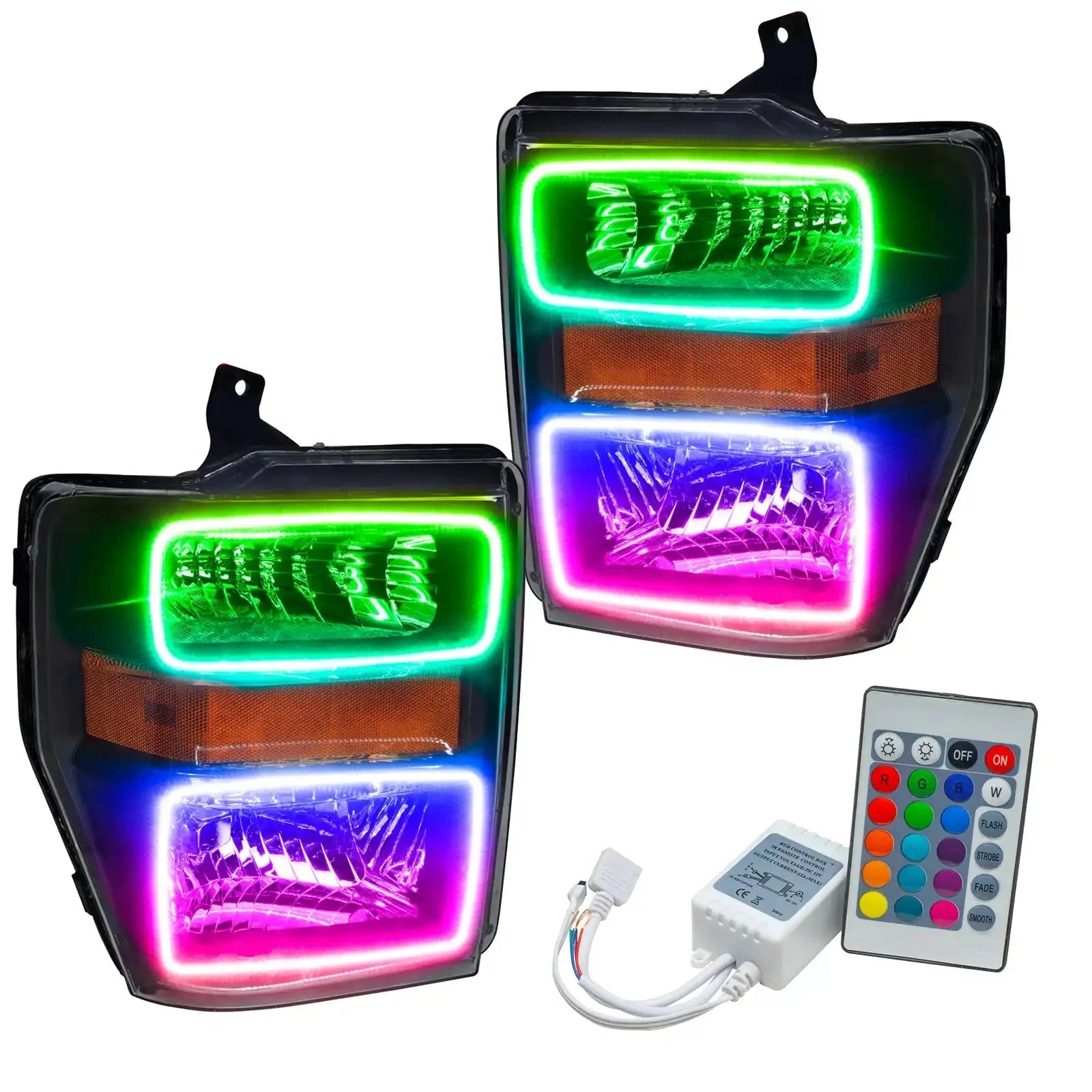 Pair of multi-color LED halo headlights with remote control, suitable for overlanding vehicles