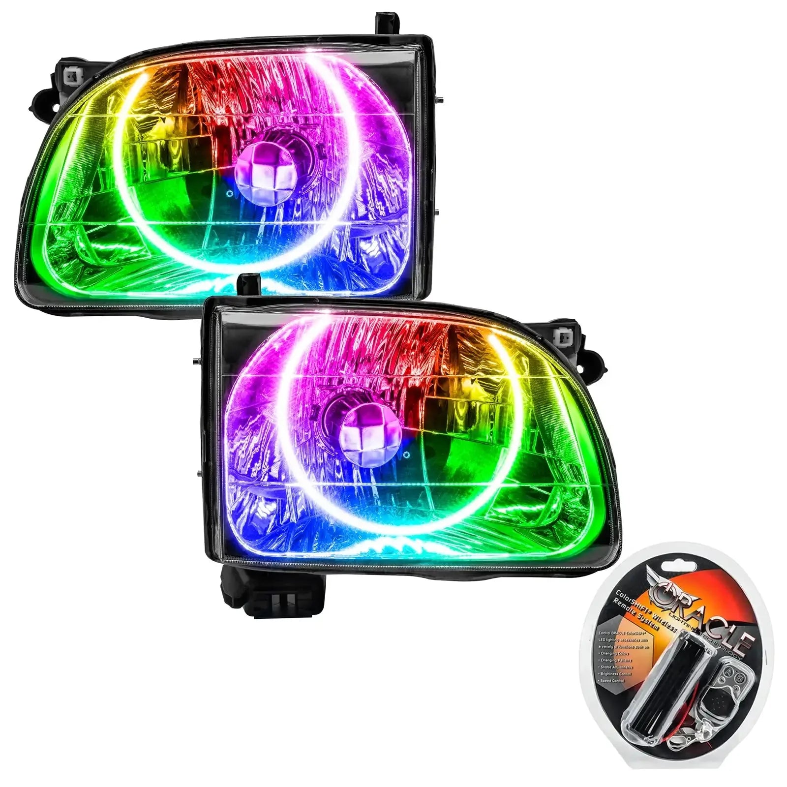 Pair of multicolor LED halo headlights with remote control, suitable for trucks or off-road vehicles