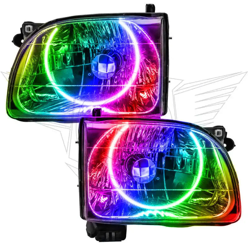 Pair of multicolor LED halo headlights for trucks or off-road vehicles, close-up view
