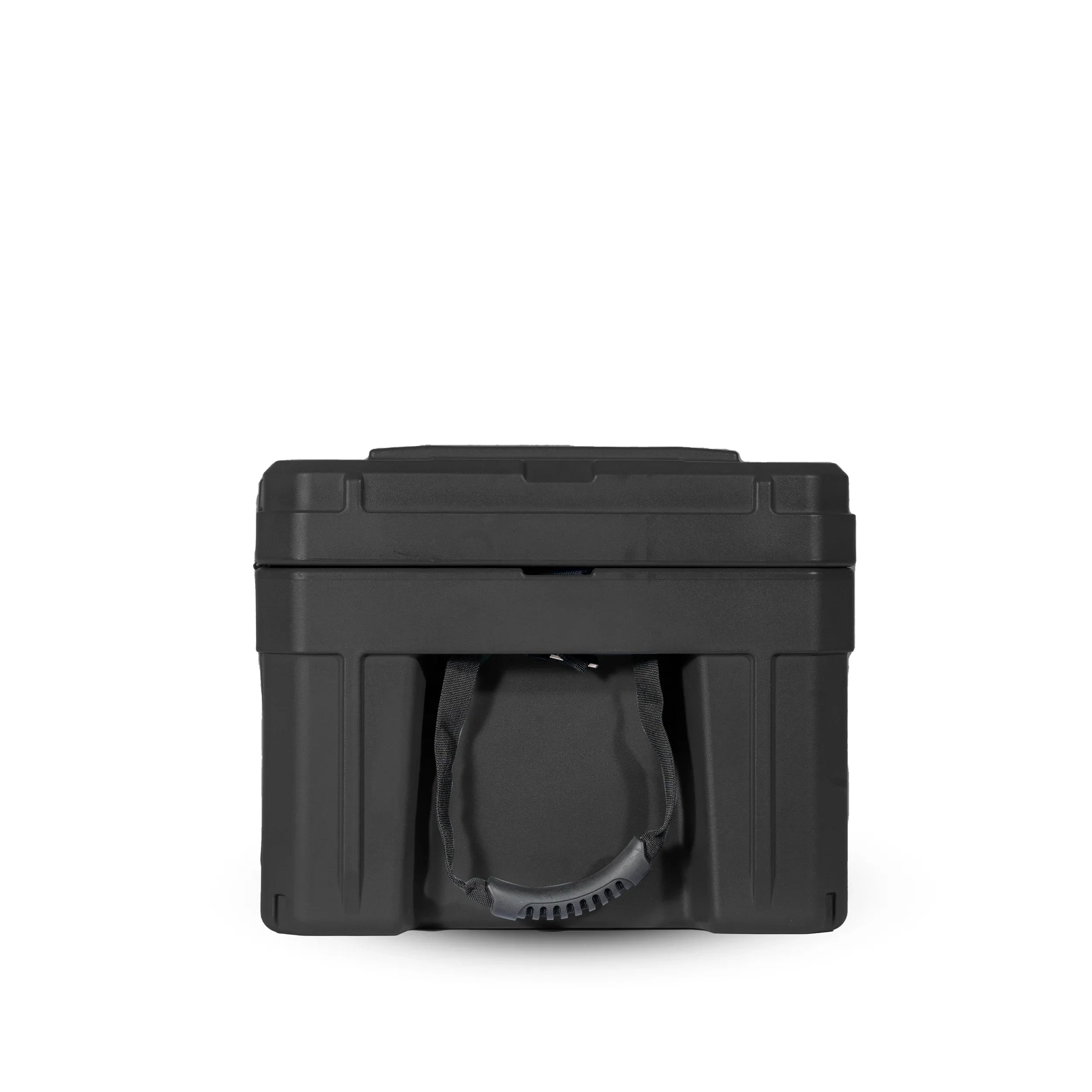Black rugged storage box with carrying handle for overlanding and camping gear