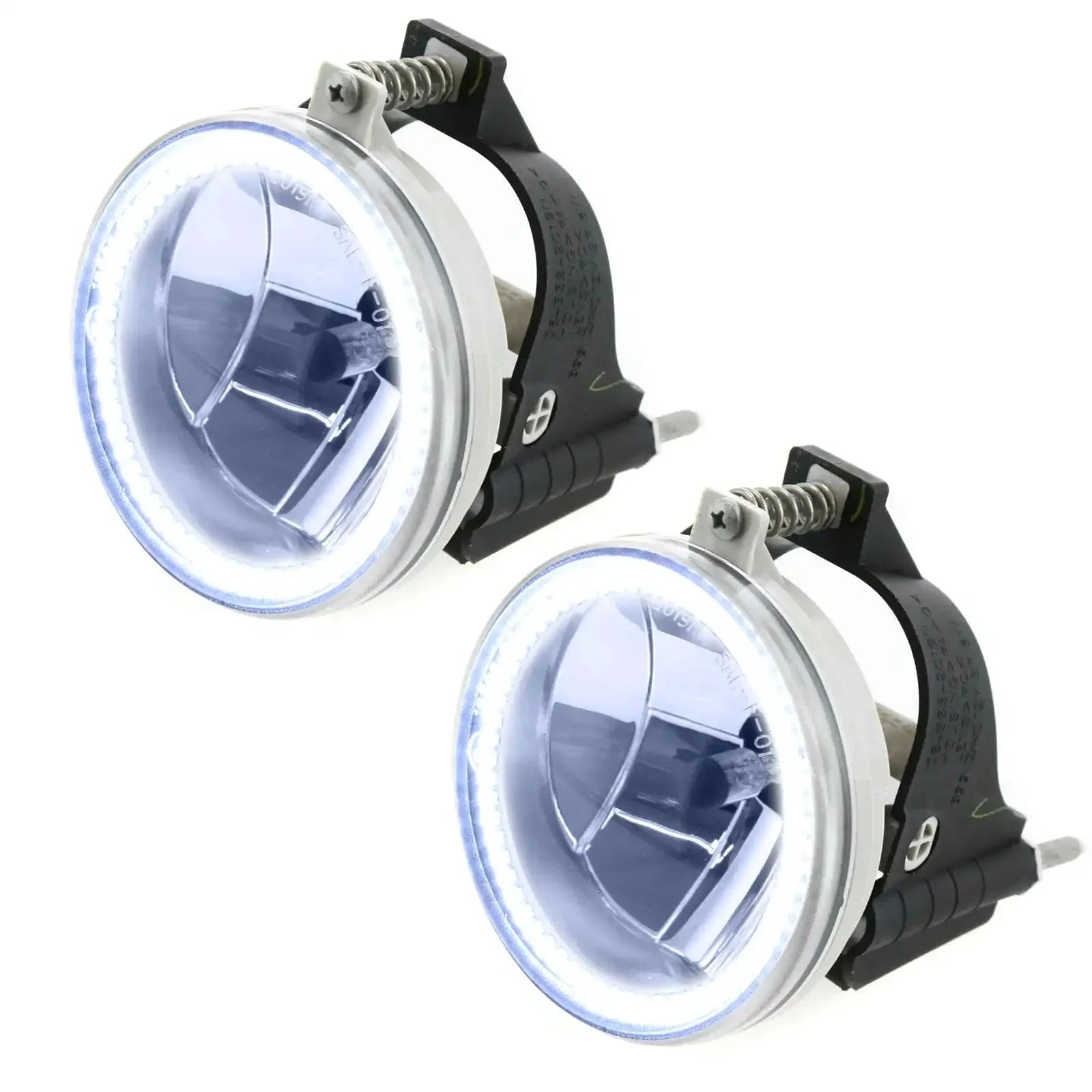 Pair of round LED halo fog lights with clear lenses for off-road vehicle accessories