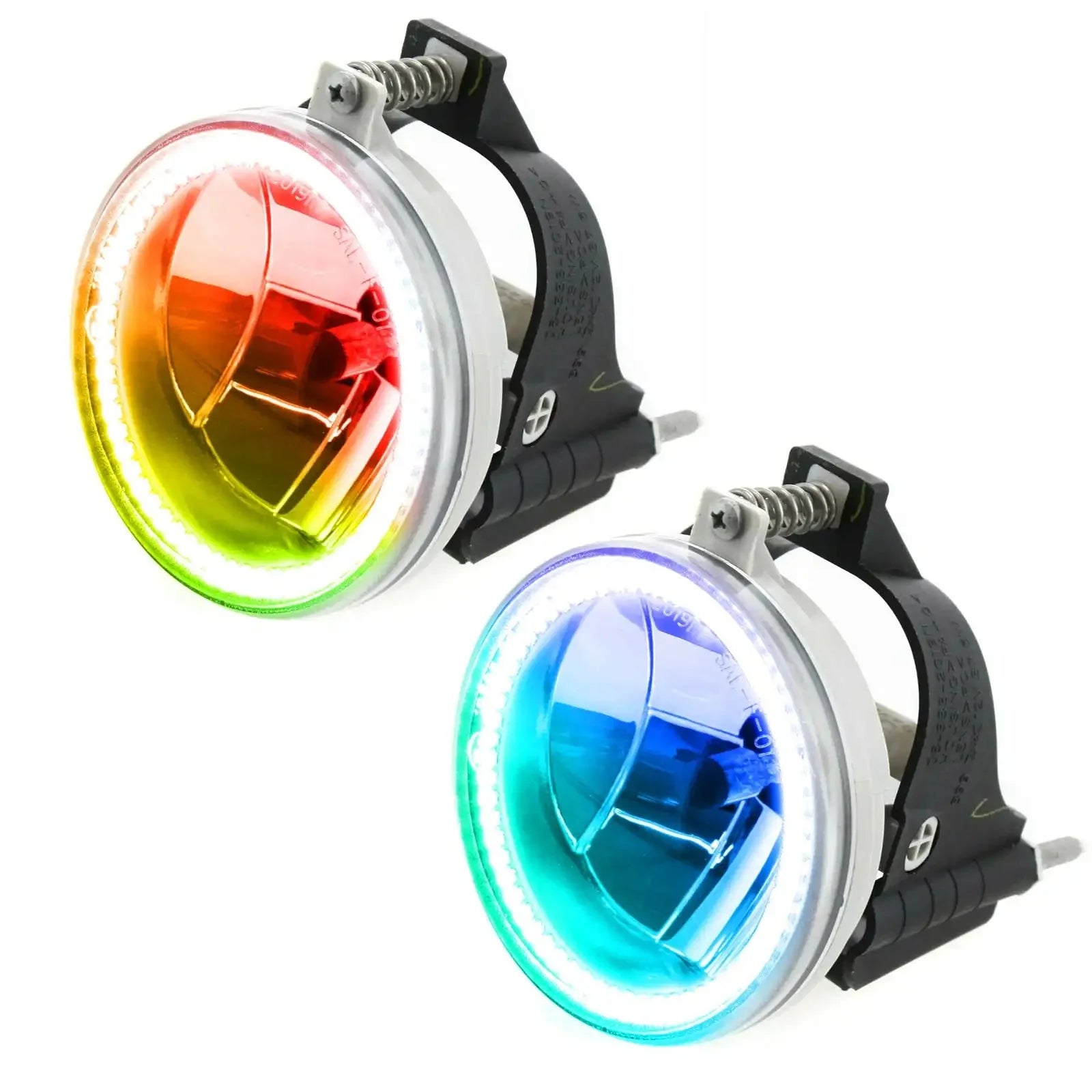 Two multi-color LED halo projector fog lights for off-road vehicles and trucks