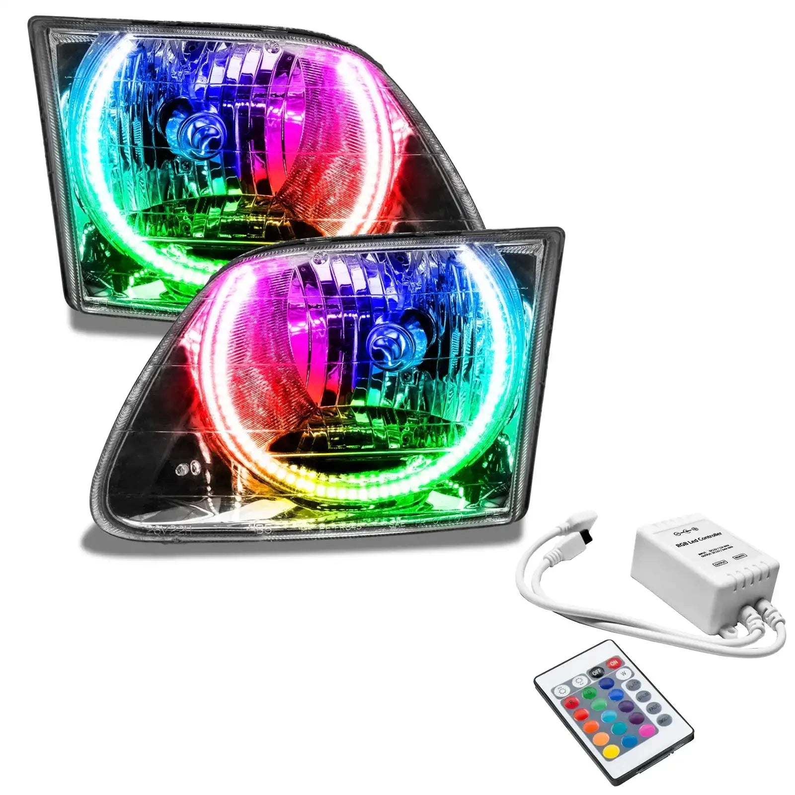 Pair of RGB LED halo headlights with remote control for off-road vehicles