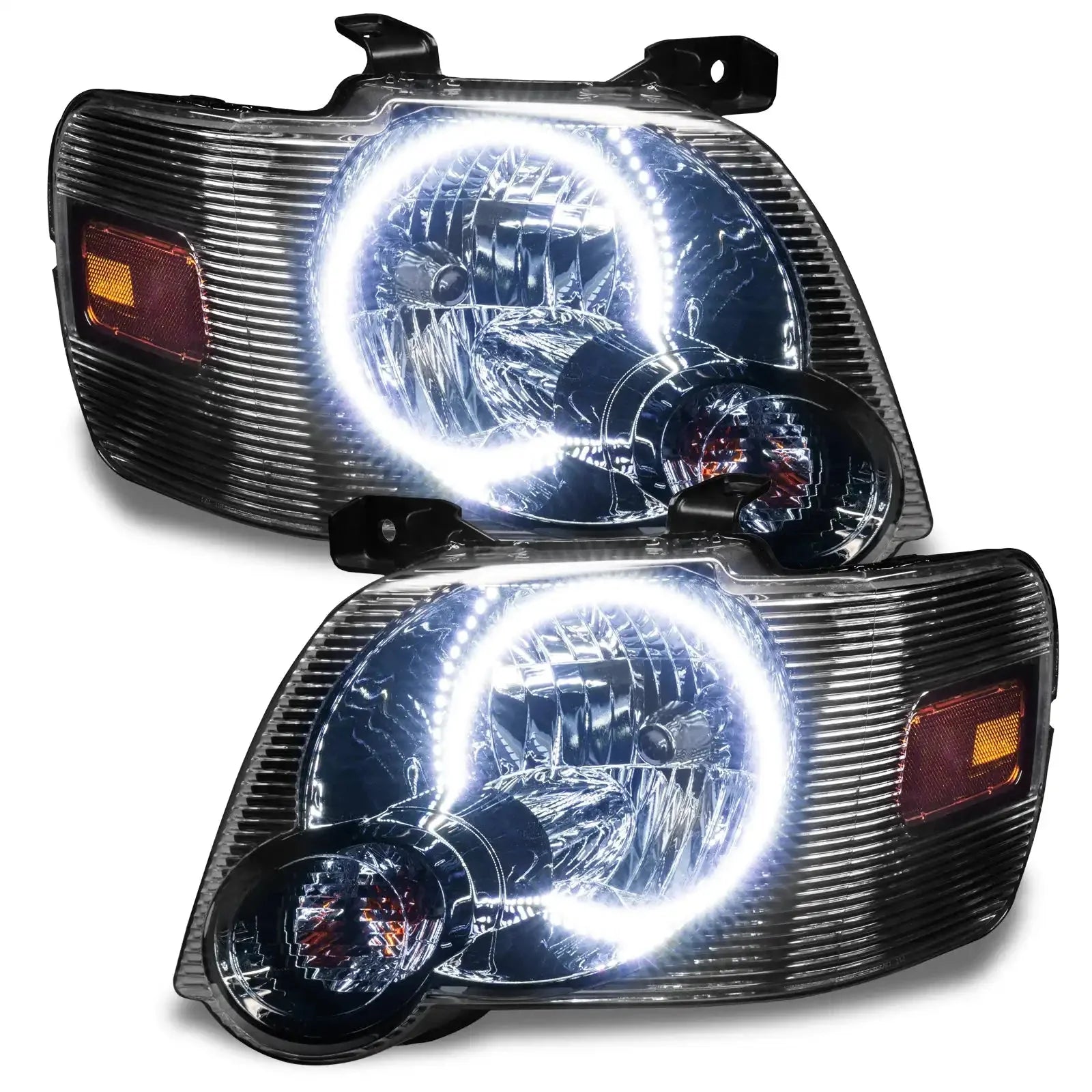 Pair of LED halo projector headlights for Toyota Tacoma, clear lens with amber side marker