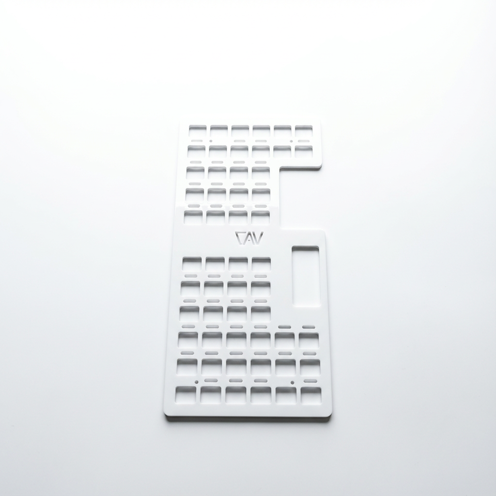 White accessory mounting panel with grid cutouts for overlanding vehicle gear organization