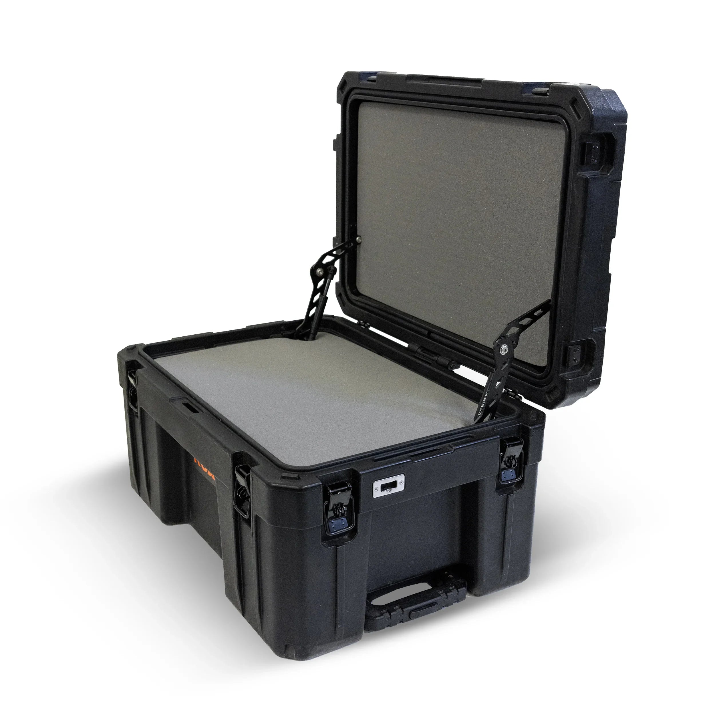Heavy-duty black storage case with hinged lid and protective foam insert, ideal for overlanding gear.