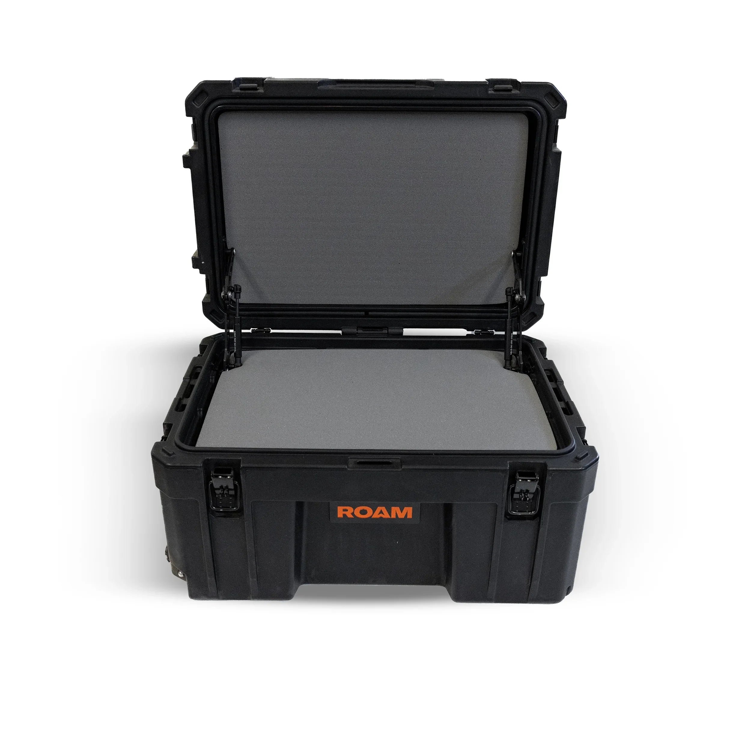Open black 80L foam-lined storage case with lid, durable for overlanding and camping gear