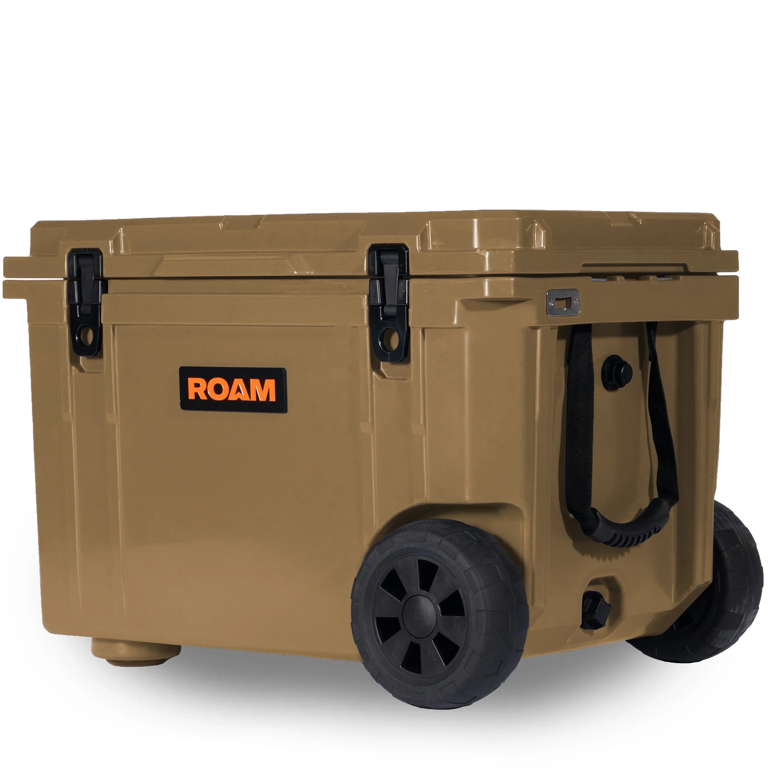 Desert tan 80L rolling hard cooler with wheels, black latches, and a side handle for camping